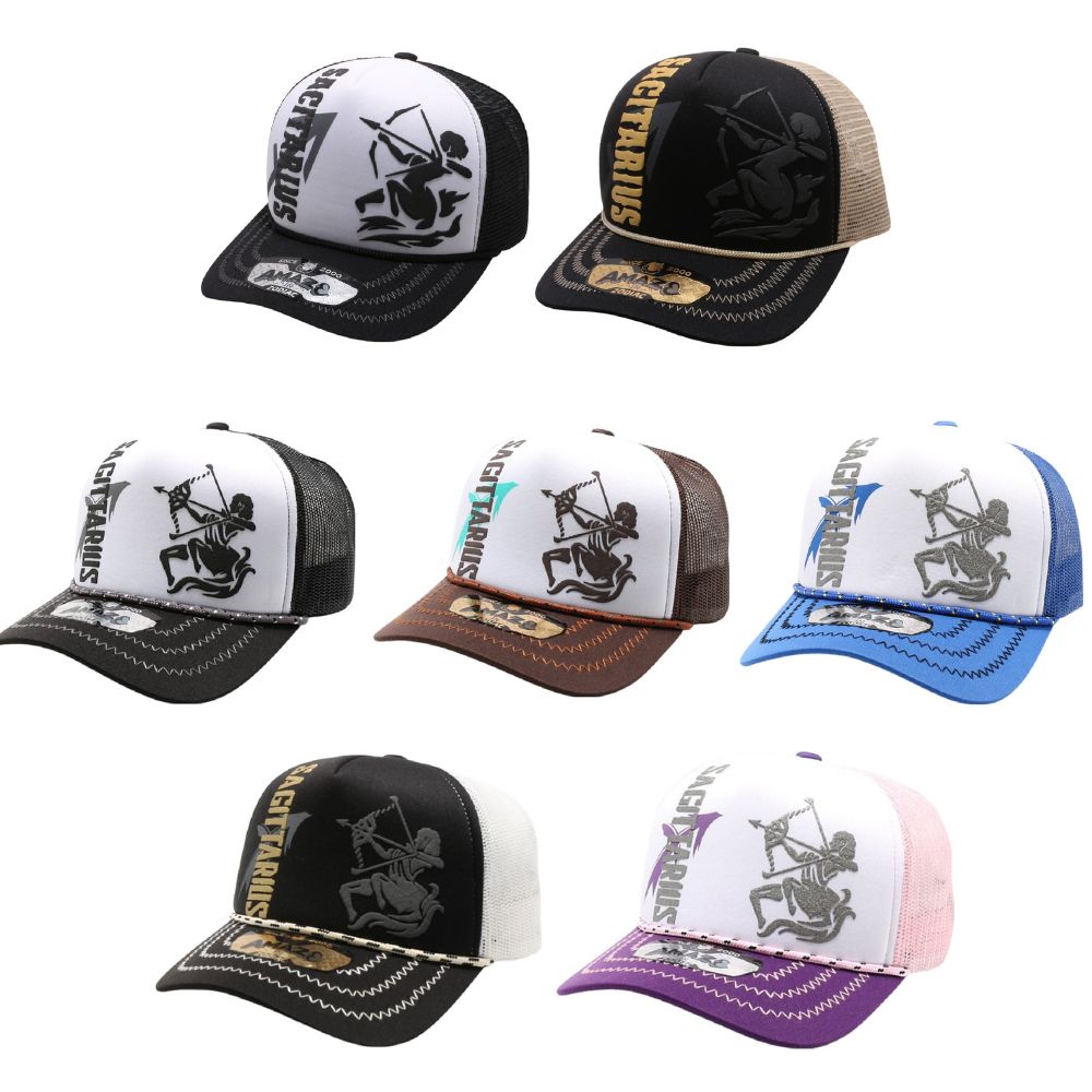 A pack of 6 AMAZE-IN Zodiac Sagittarius Sponge Trucker hats featuring a classic mid-profile design and curved visor, made from durable polyester.