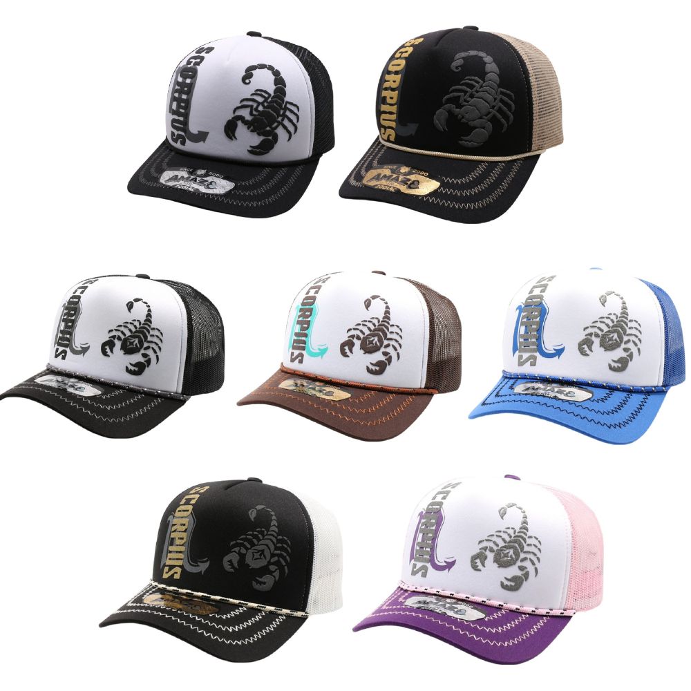 A pack of 6 AMAZE-IN Zodiac Scorpio Sponge Trucker hats featuring a classic design with a curved visor and adjustable snapback closure.