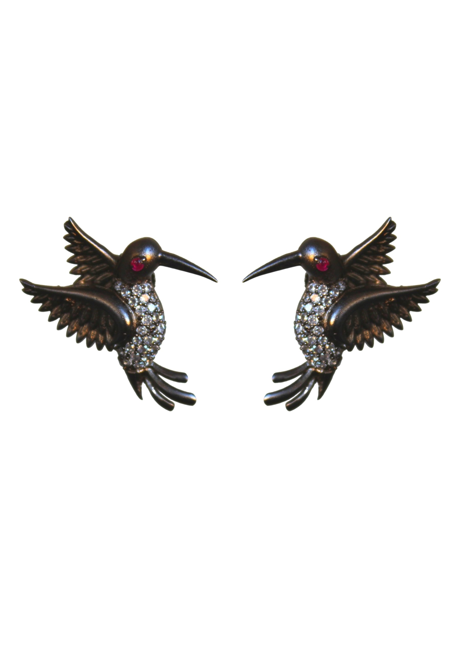Elegant Amazonian Hummingbird Stud Earrings in gold plating with zircon stones and garnet eye, showcasing a delicate bird design.