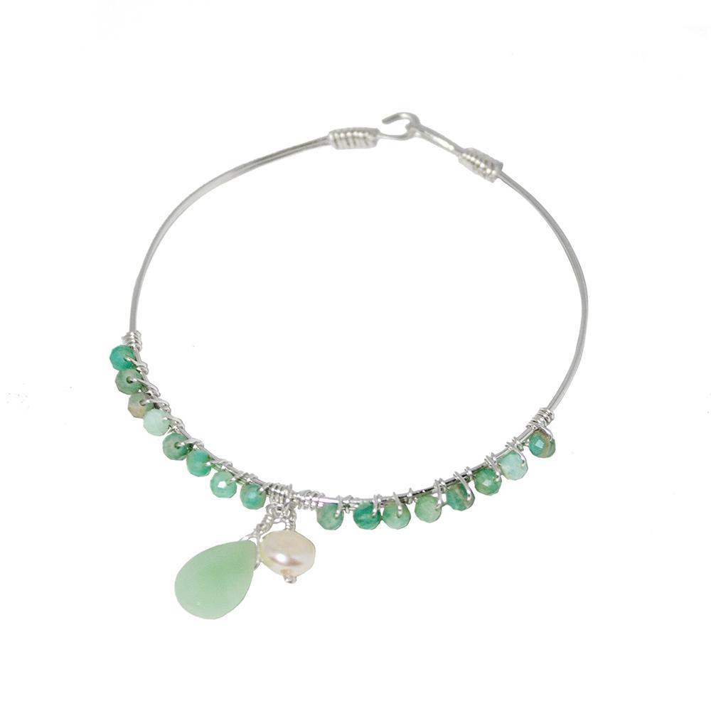 Amazonite Wrap Sterling Silver Bangle Bracelet featuring a teardrop charm and freshwater pearl, elegantly designed for everyday wear.