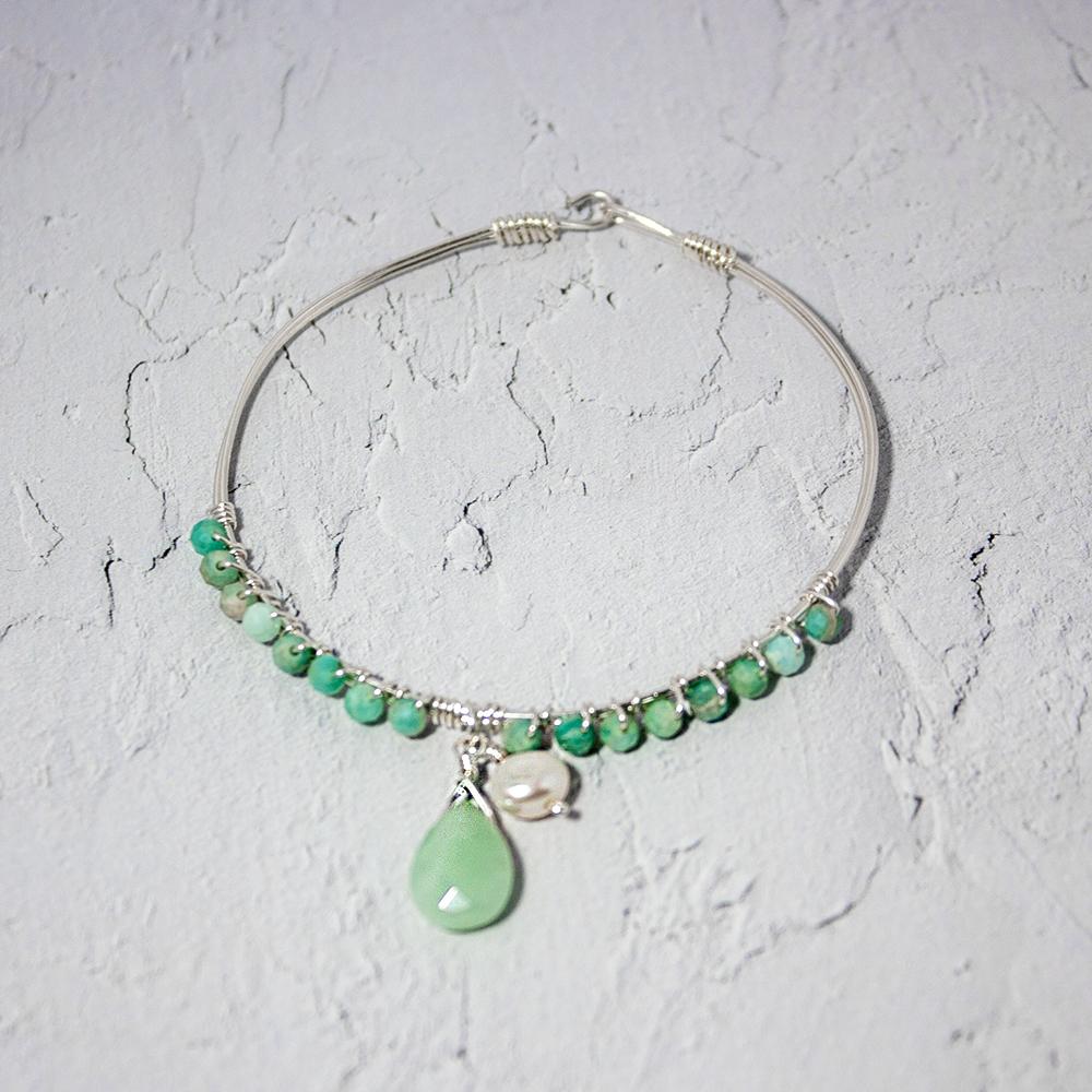Amazonite Wrap Sterling Silver Bangle Bracelet featuring a teardrop charm and freshwater pearl, elegantly designed for everyday wear.