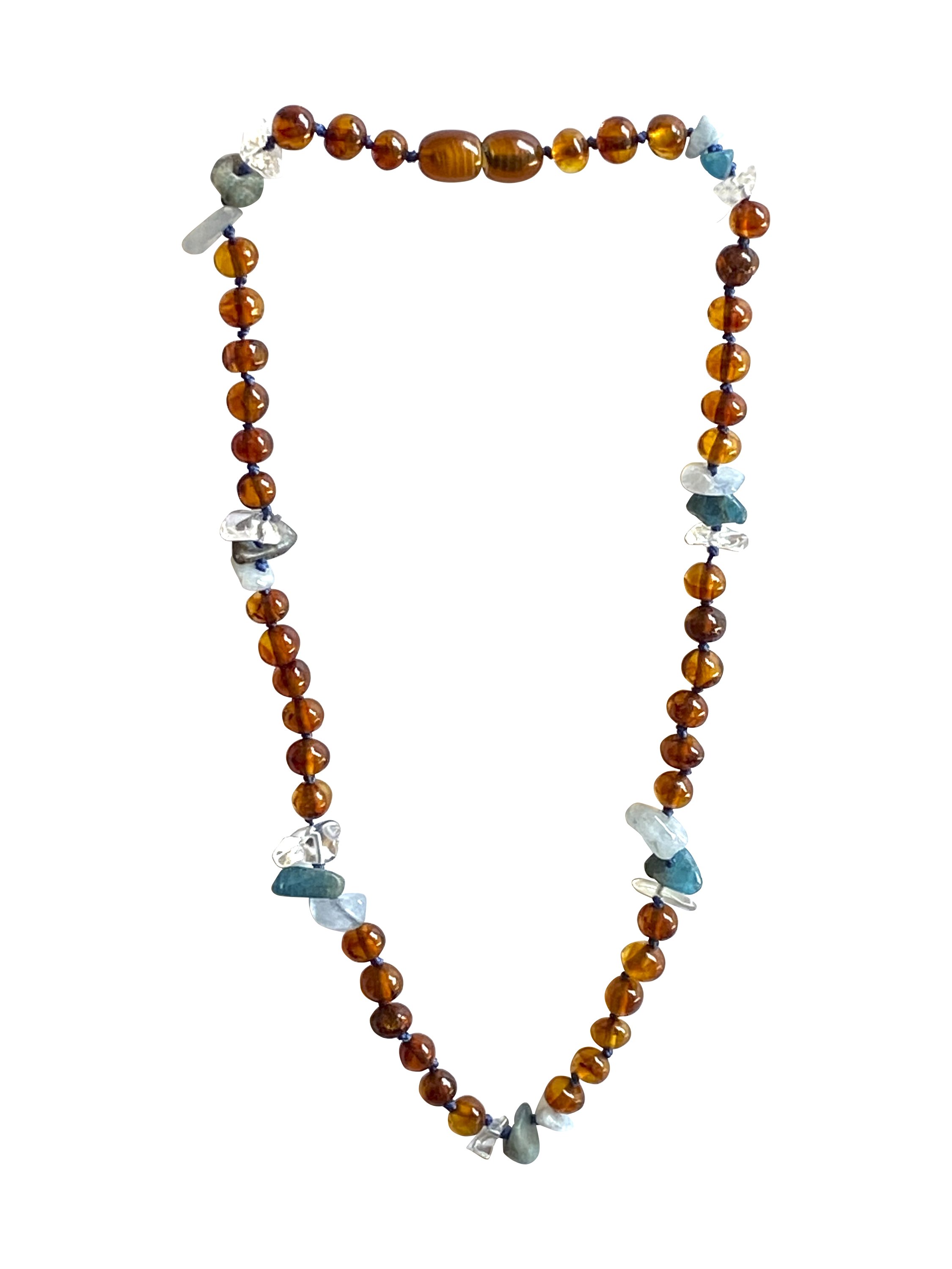Amber + Amazonite + Aquamarine Baby necklace featuring natural gemstones, securely knotted beads, and a screw-on clasp for safety.