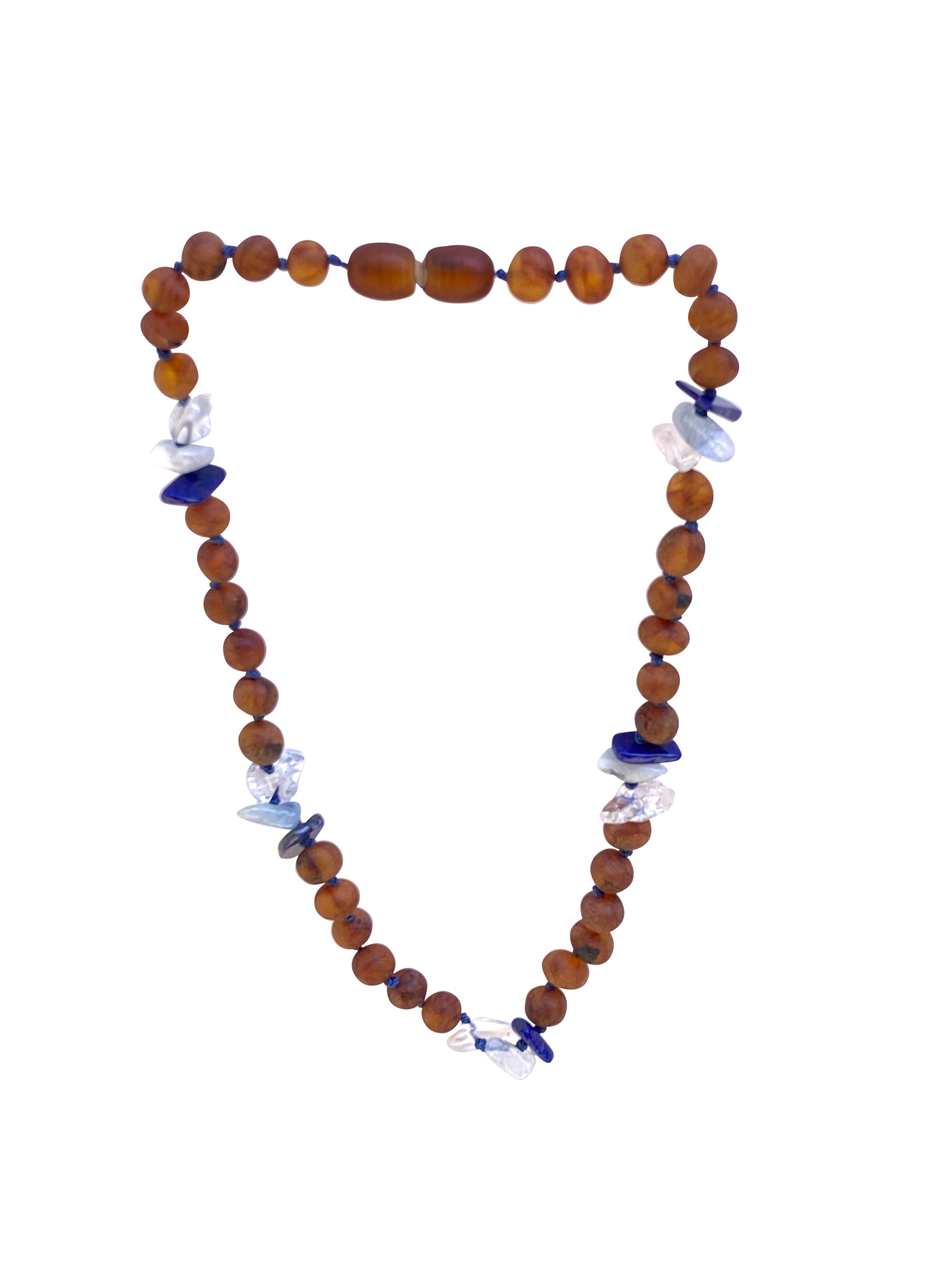 Amber + Lapiz Lazuli + Aquamarine Baby necklace featuring individually knotted beads and a secure clasp, designed for teething relief.