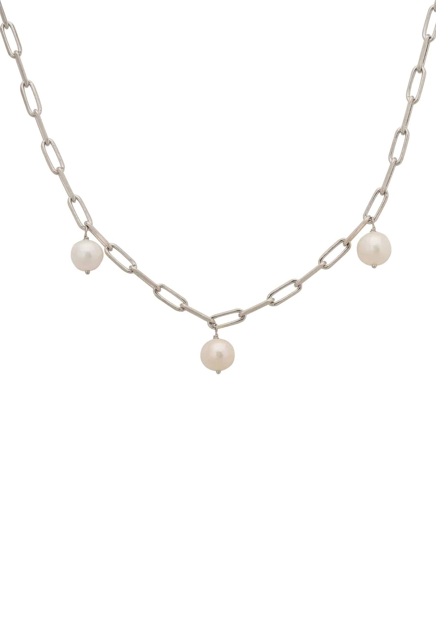 Amelia Three Pearl Necklace in Silver featuring three white pearls on a delicate cable chain, elegantly displayed.