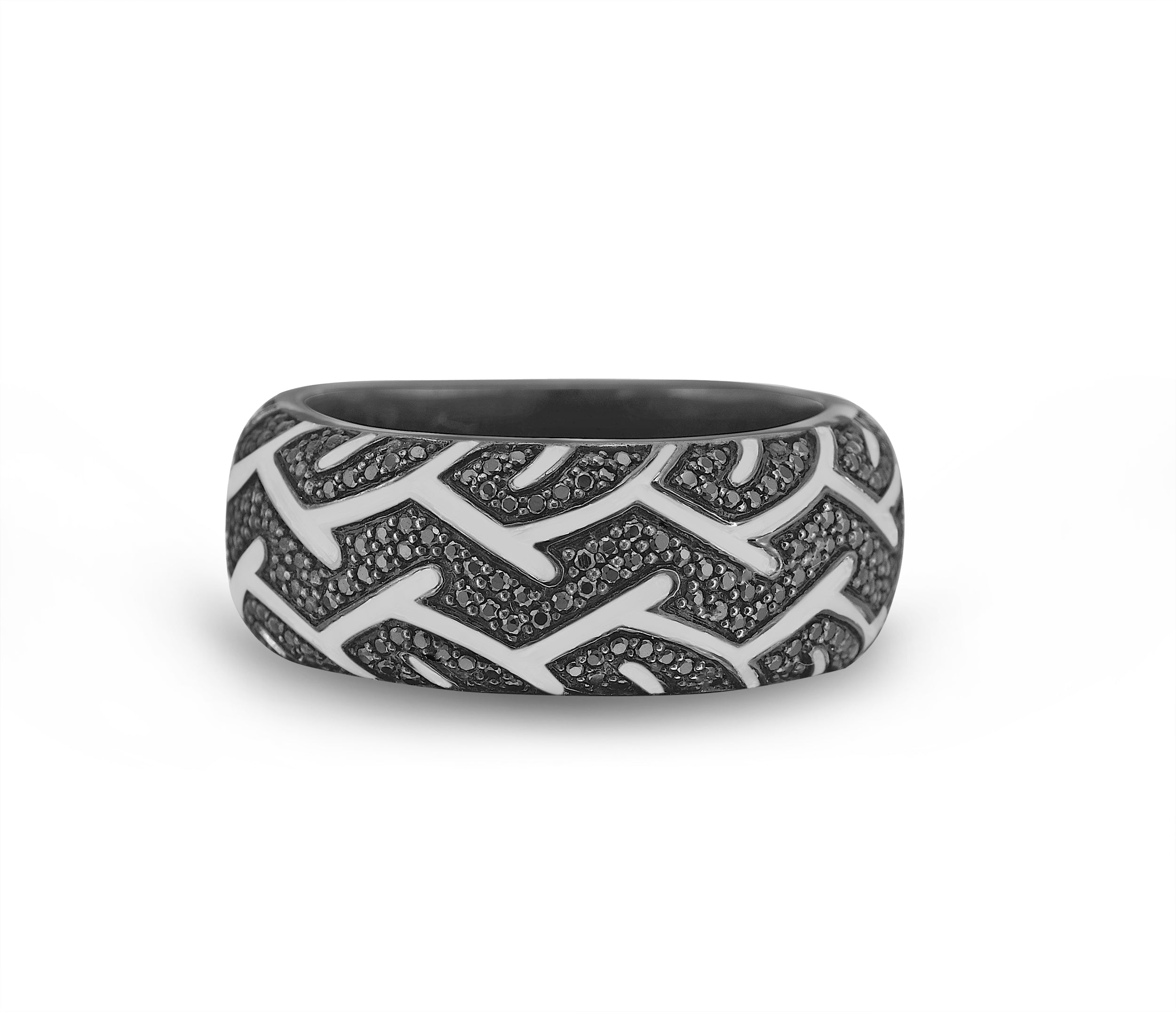 American Muscle Black Rhodium Plated Sterling Silver Tire Tread Ring with black diamonds, showcasing a unique tire tread design.