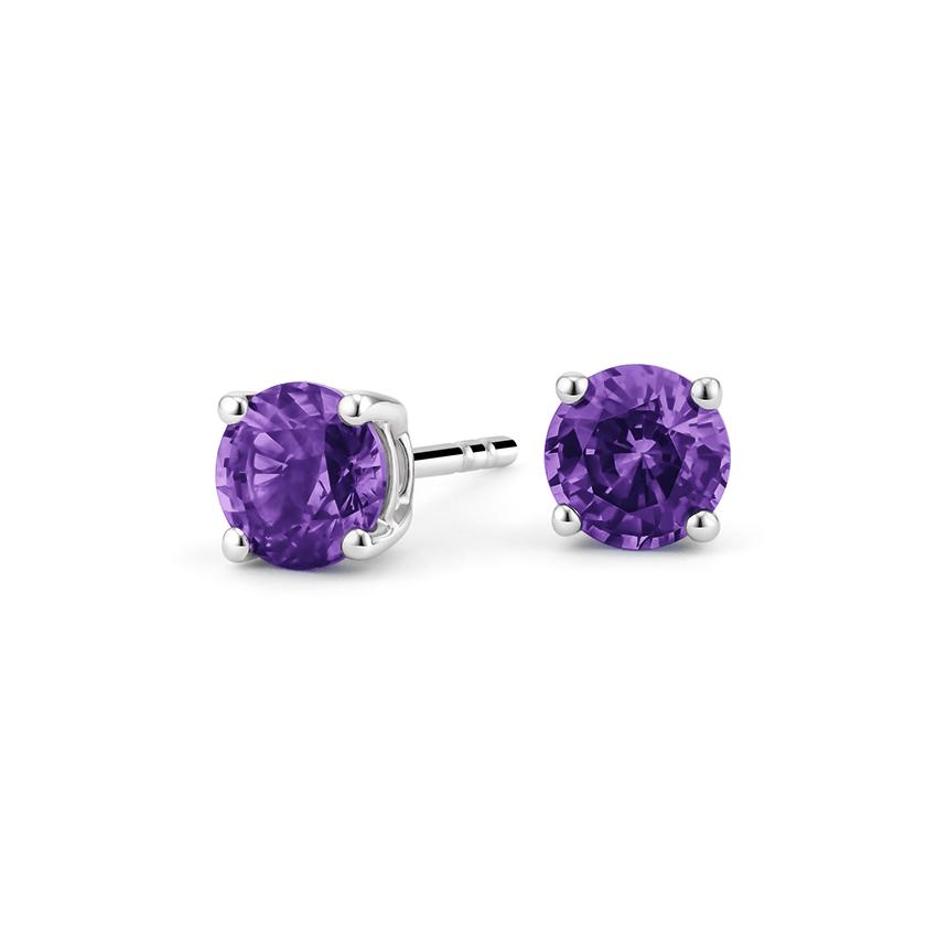 Elegant 6mm Amethyst Created Austrian Crystal stud earrings set in 14K white gold plating, showcasing their vibrant purple hue and luxurious design.