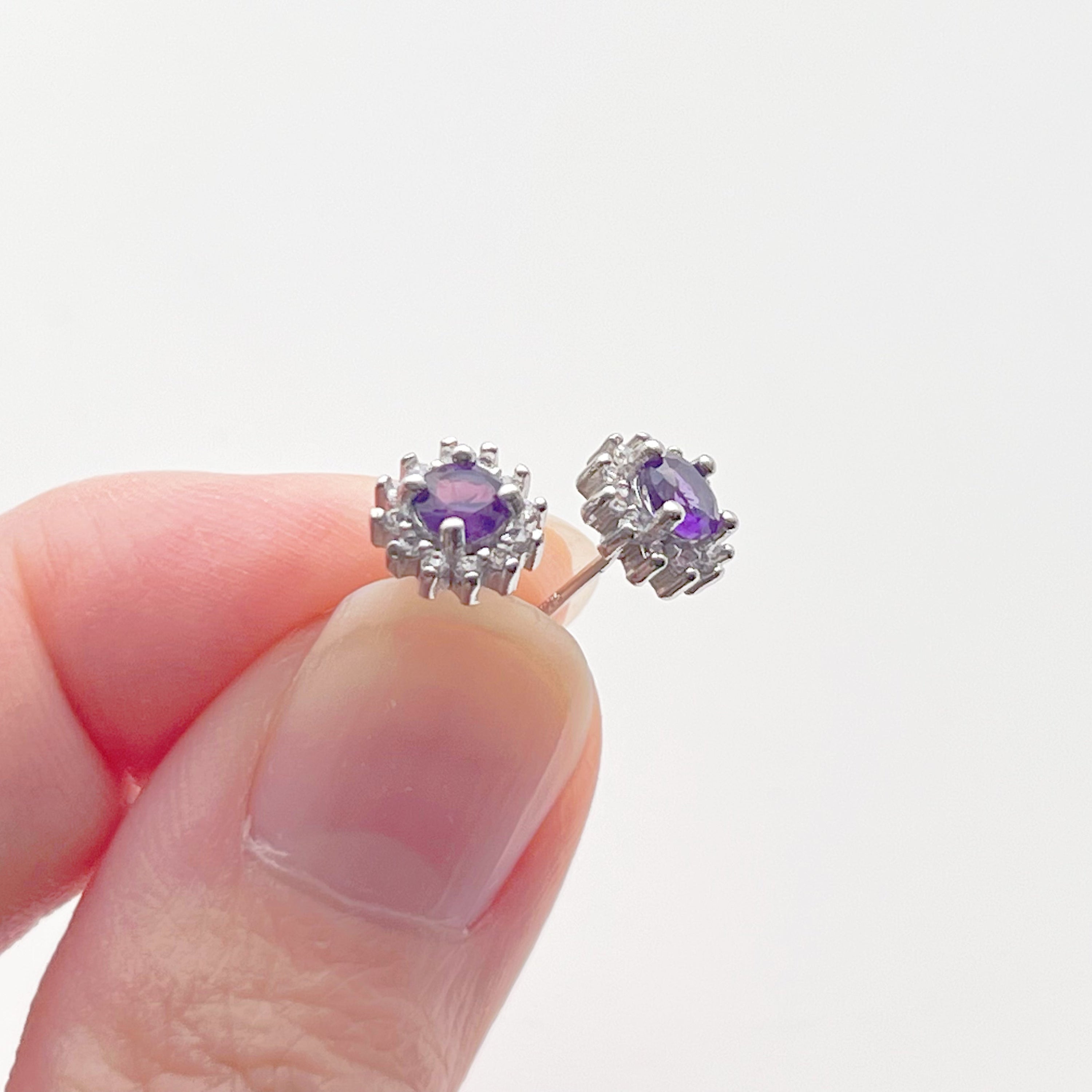 Elegant Amethyst Silver Stud Earrings featuring natural purple amethyst stones set in sterling silver, perfect for gifting.