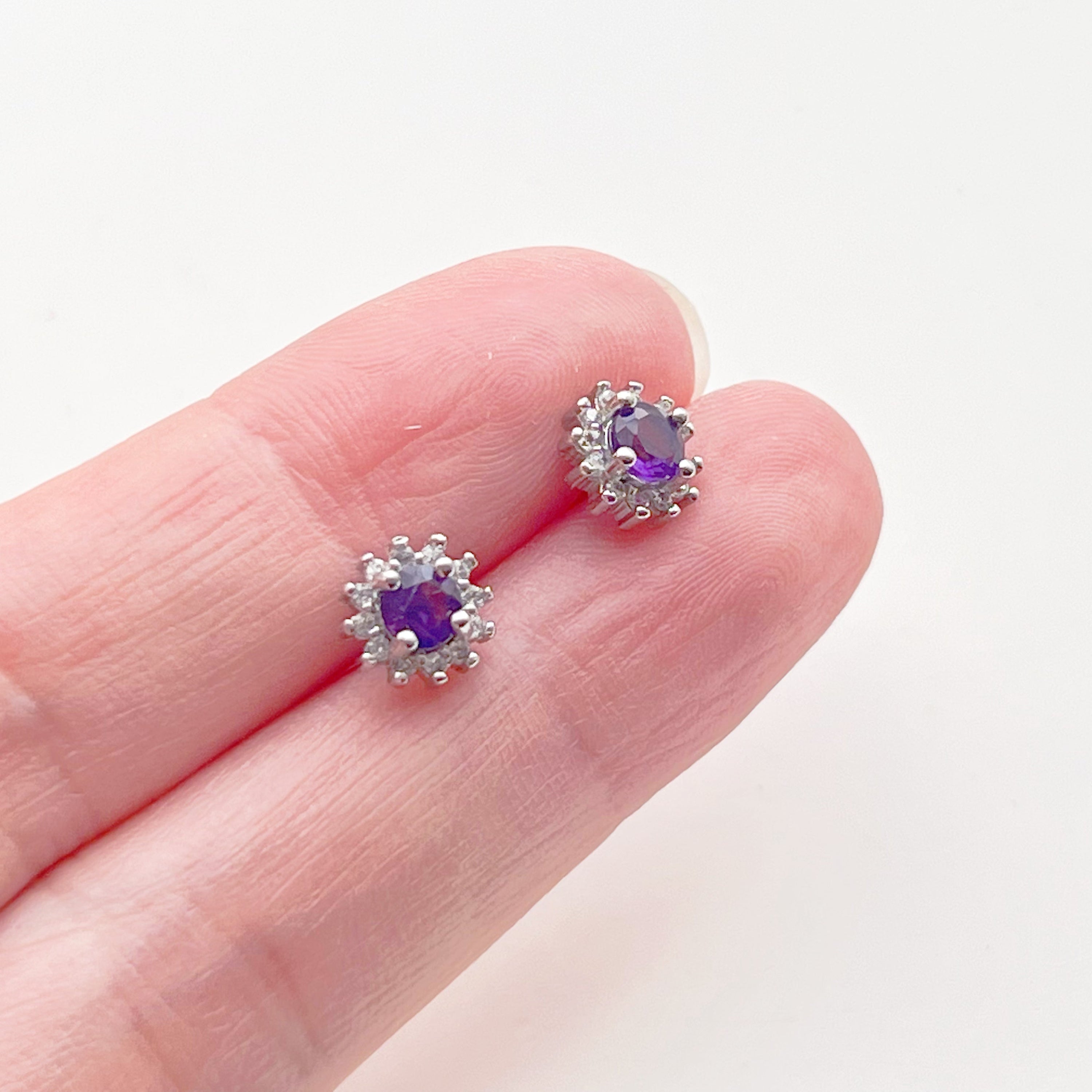 Elegant Amethyst Silver Stud Earrings featuring natural purple amethyst stones set in sterling silver, perfect for gifting.