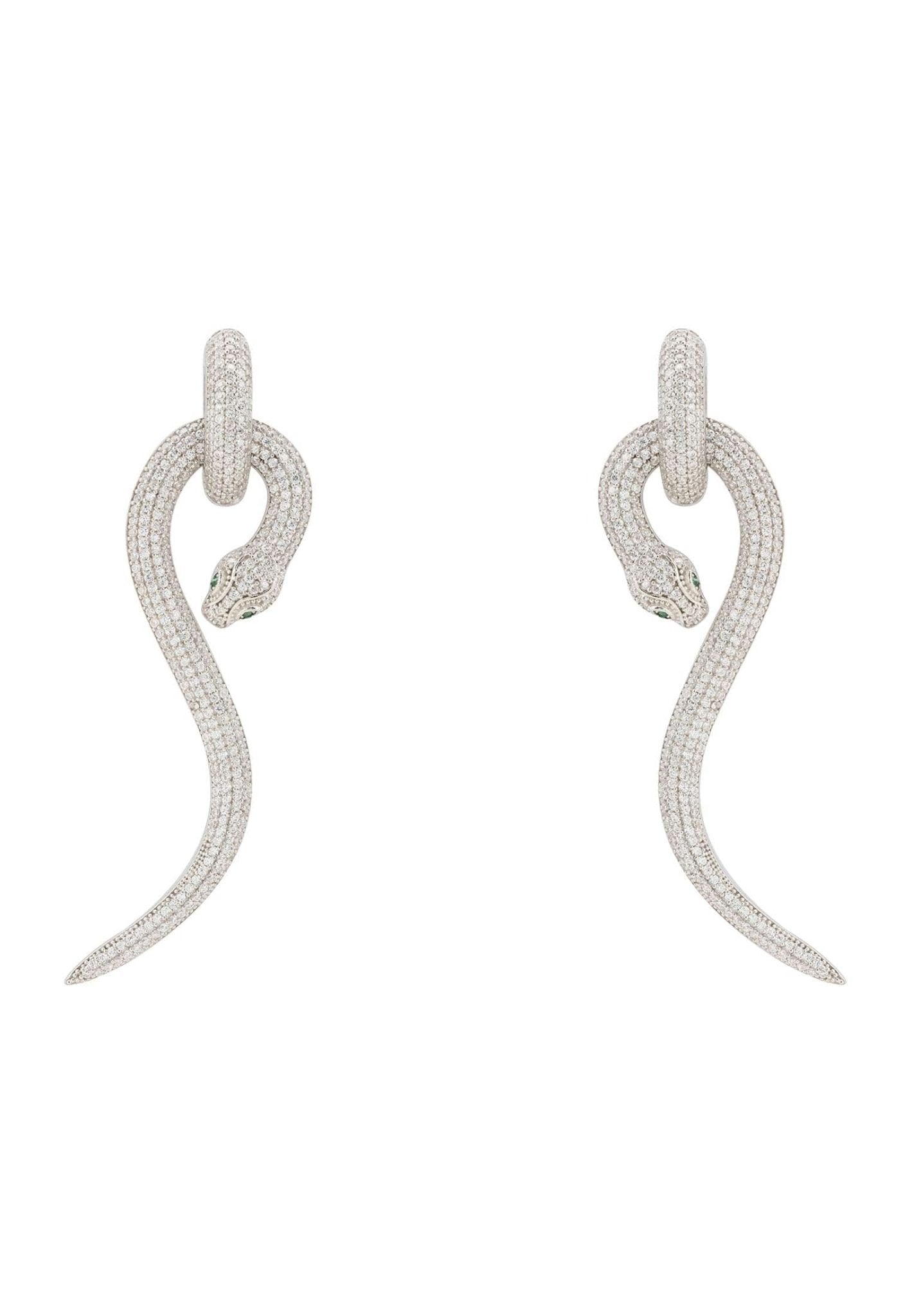 Elegant Anaconda snake drop earrings in sterling silver with sparkling cubic zirconia, showcasing a unique design.