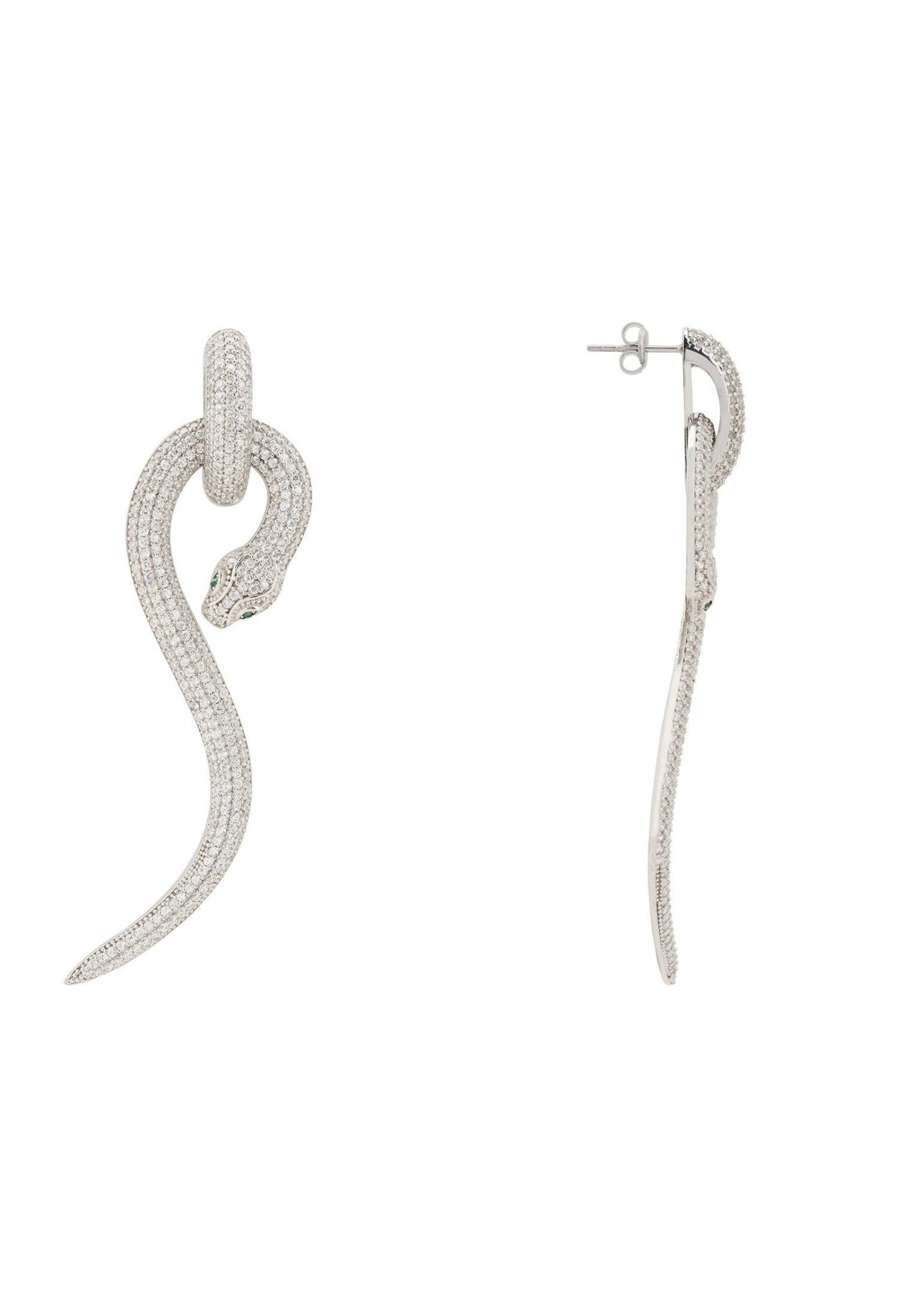 Elegant Anaconda snake drop earrings in sterling silver with sparkling cubic zirconia, showcasing a unique design.