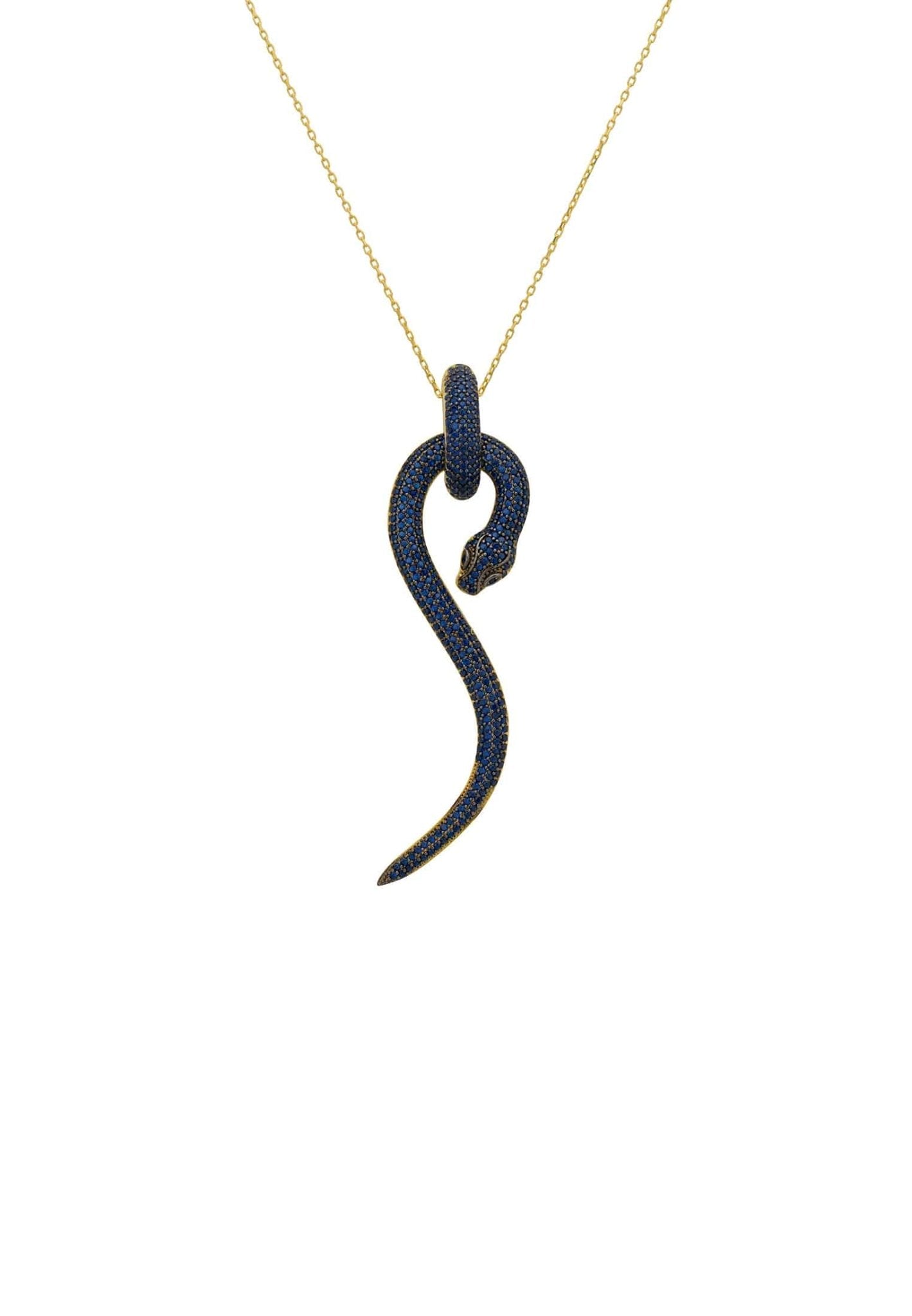 Anaconda Snake Pendant Necklace in gold with sapphire zircons, featuring a unique snake design and adjustable length.