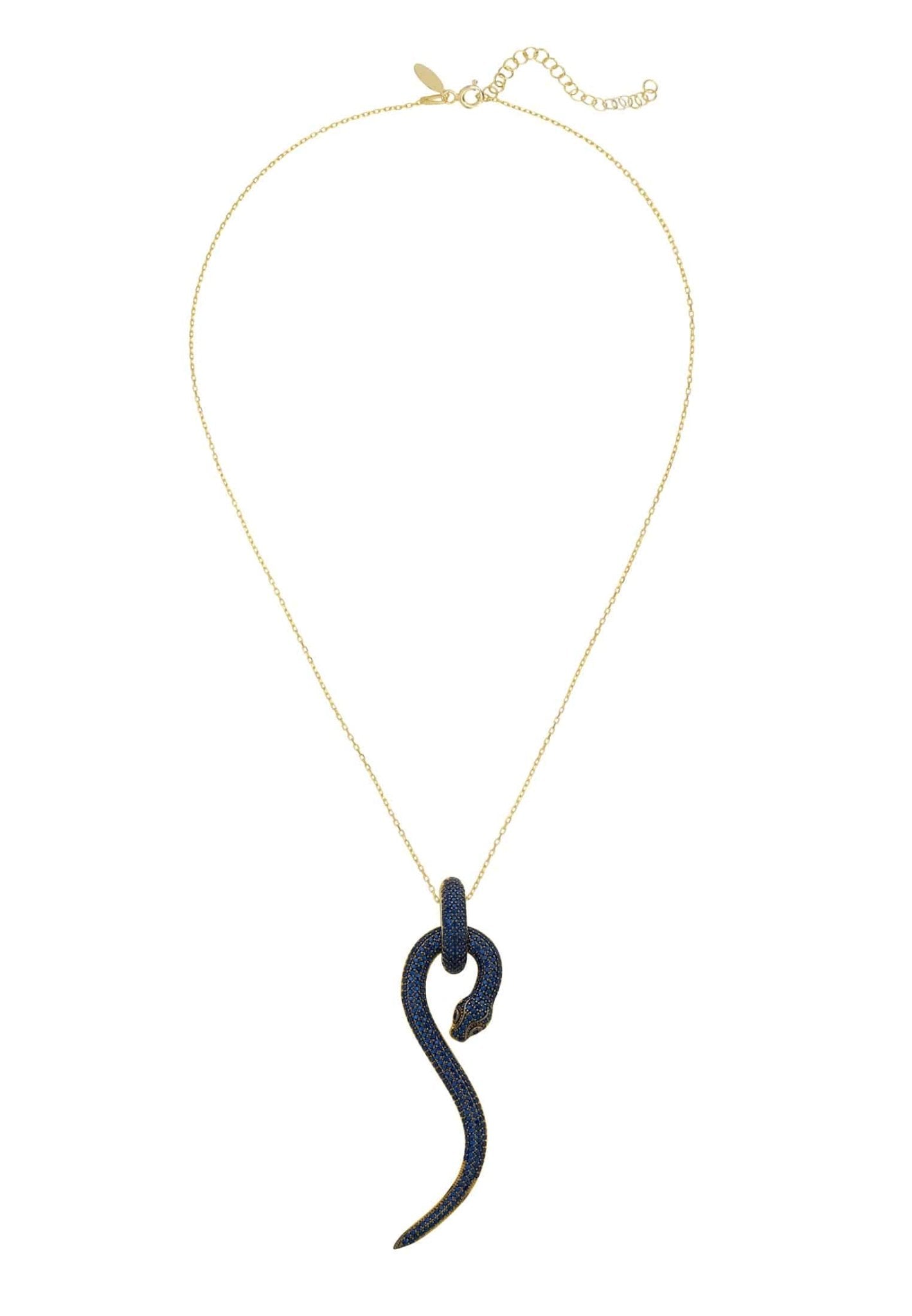 Anaconda Snake Pendant Necklace in gold with sapphire zircons, featuring a unique snake design and adjustable length.