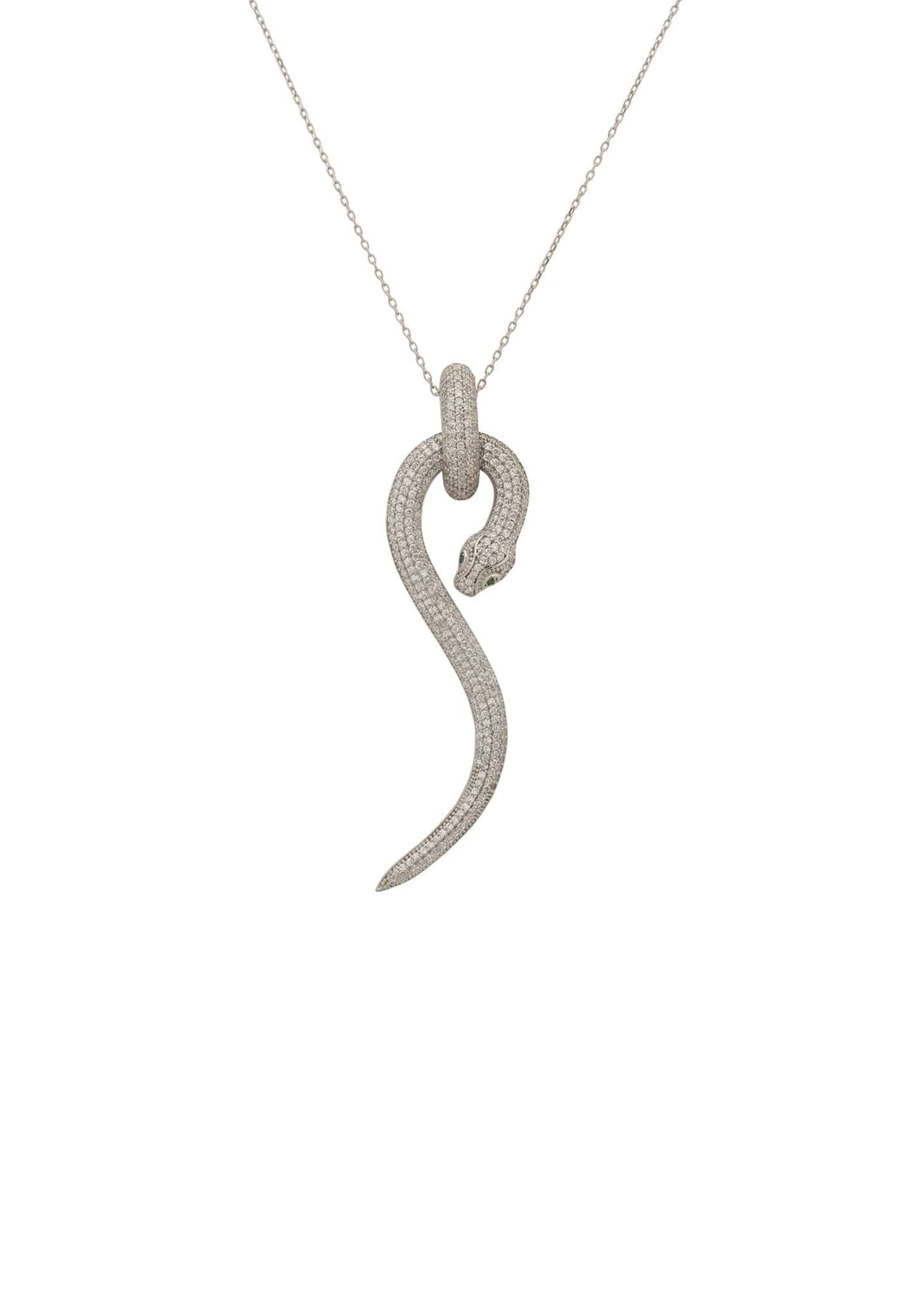 Anaconda Snake Pendant Necklace in silver white with sparkling zircons, showcasing intricate design and elegant craftsmanship.
