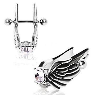 Angel Wings Cartilage Earring featuring detailed feathered wings and a sparkling 7mm cubic zirconium gem, crafted from 316L surgical steel.