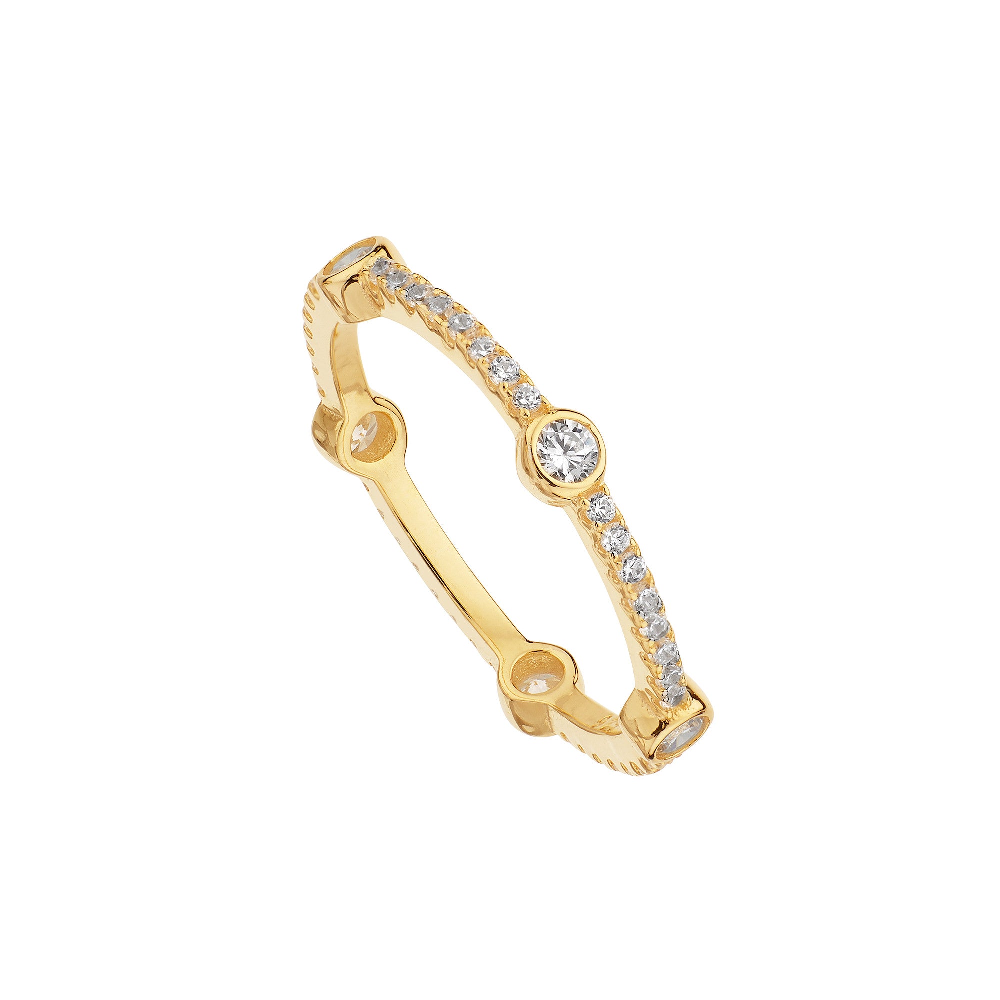 Anillo 5 Puntos Bañado en Oro con circonitas blancas y grandes, elegante y sofisticado, ideal para cualquier ocasión.