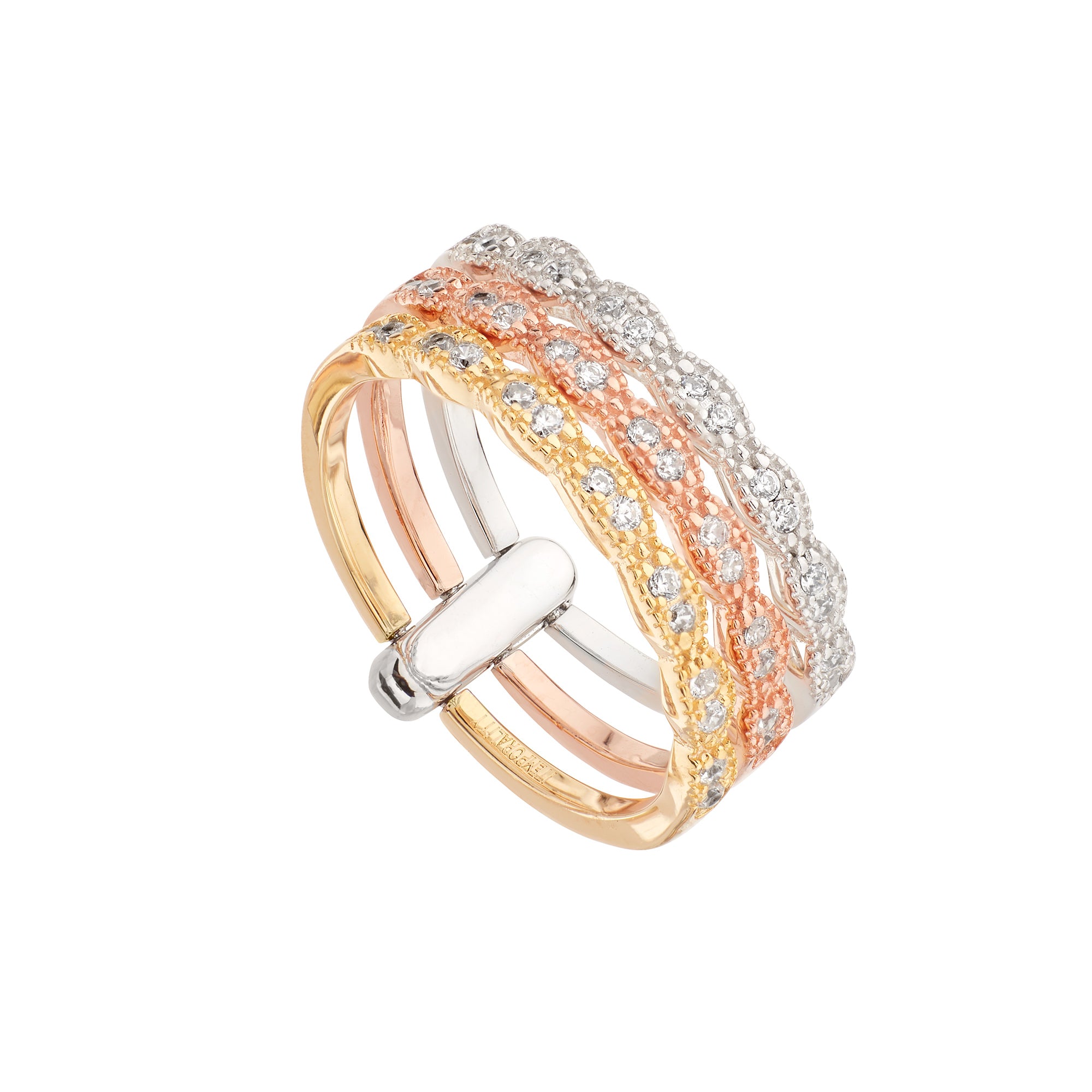 Anillo Tricolor Desigual en plata de ley con circonitas blancas, mostrando un diseño moderno y elegante en tres tonos.