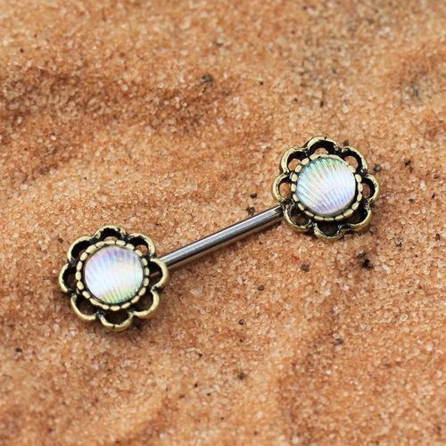 Antique gold plated seashell flower nipple bars with rhinestone accents, showcasing intricate design and quality craftsmanship.