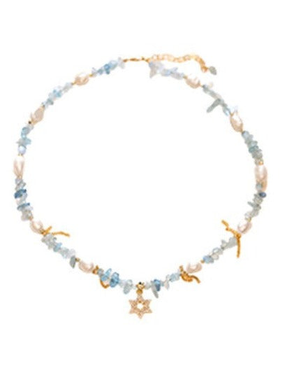 Aquamarine Hexagram and Freshwater Pearl Necklace featuring calming aquamarine stones, lustrous pearls, and a delicate hexagram pendant.