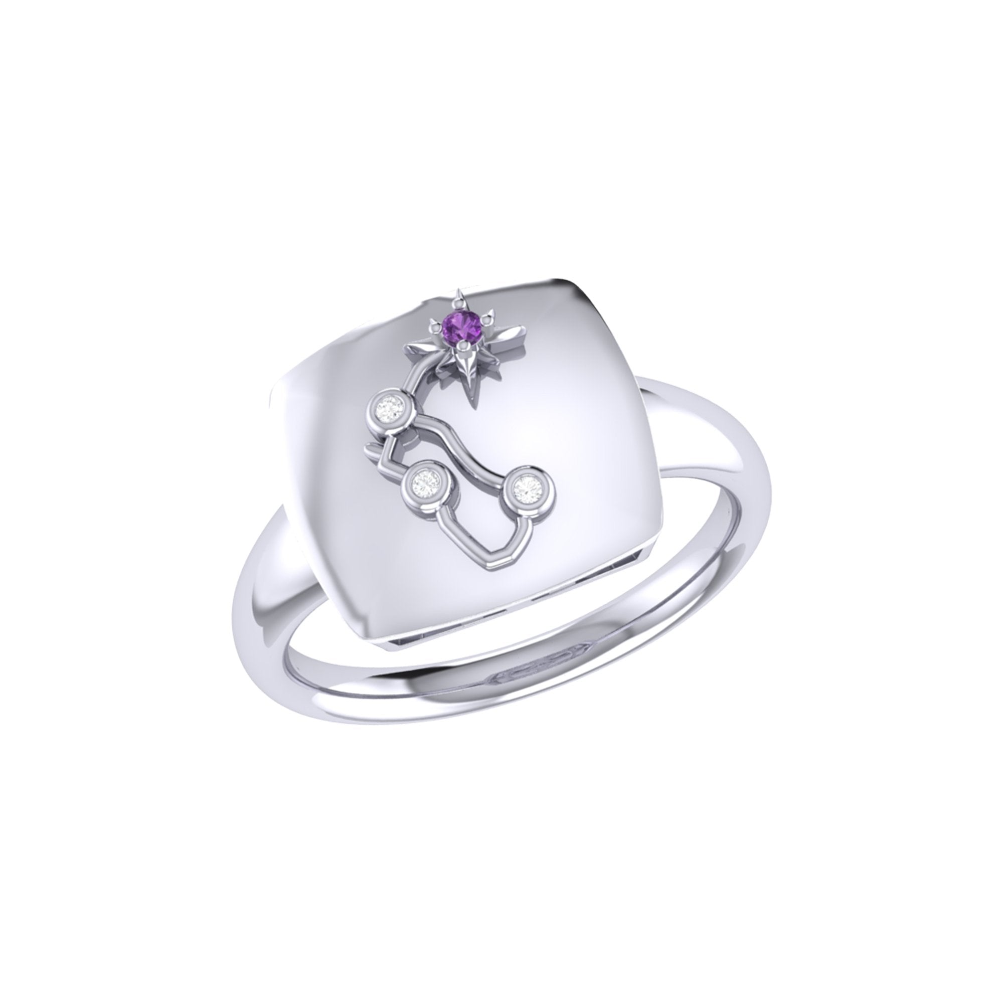 Aquarius Water-Bearer Amethyst & Diamond Constellation Signet Ring in 14K White Gold, featuring an amethyst gemstone and diamond accents.