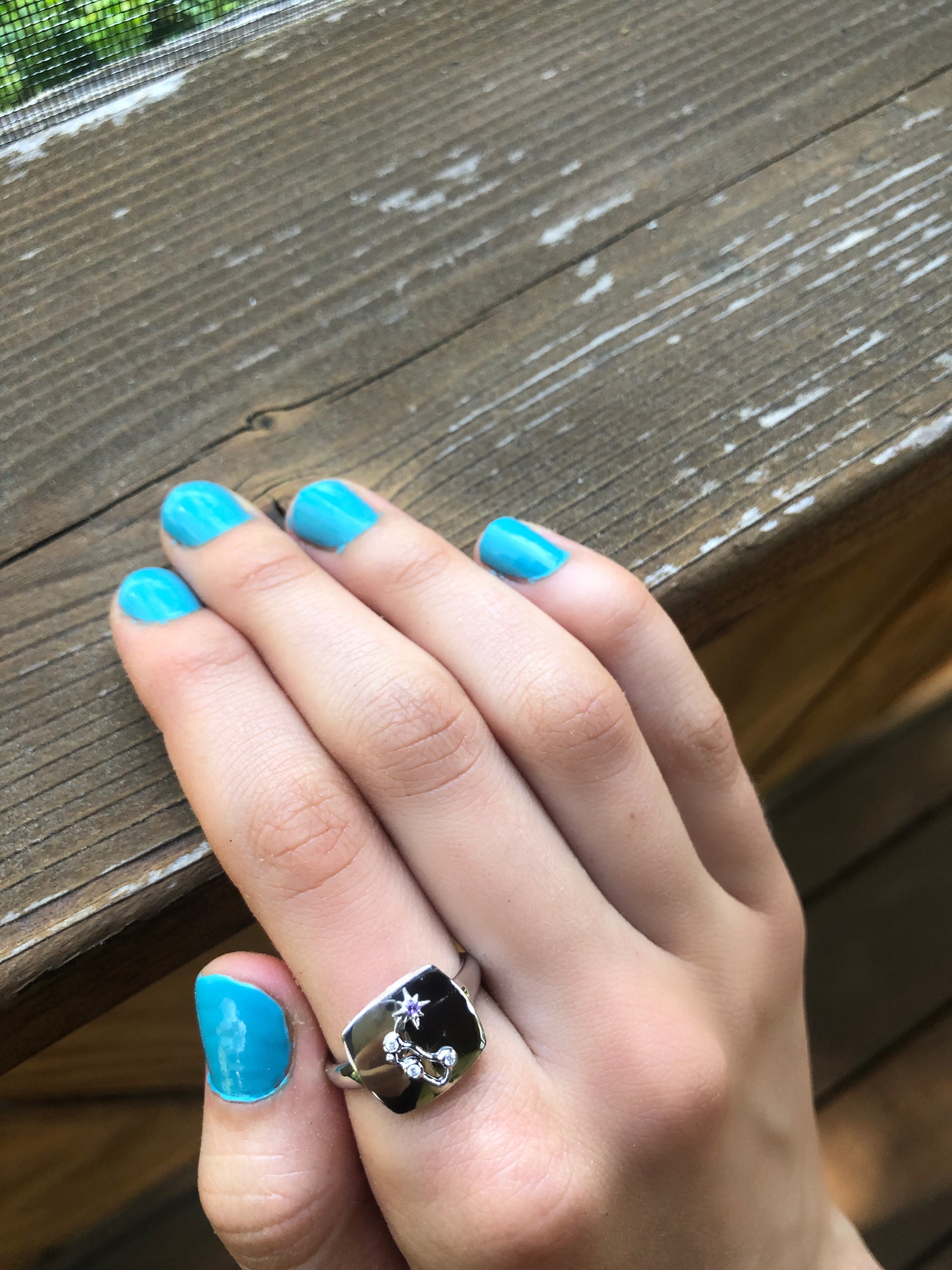 Aquarius Water-Bearer Amethyst & Diamond Constellation Signet Ring in sterling silver with unique design.