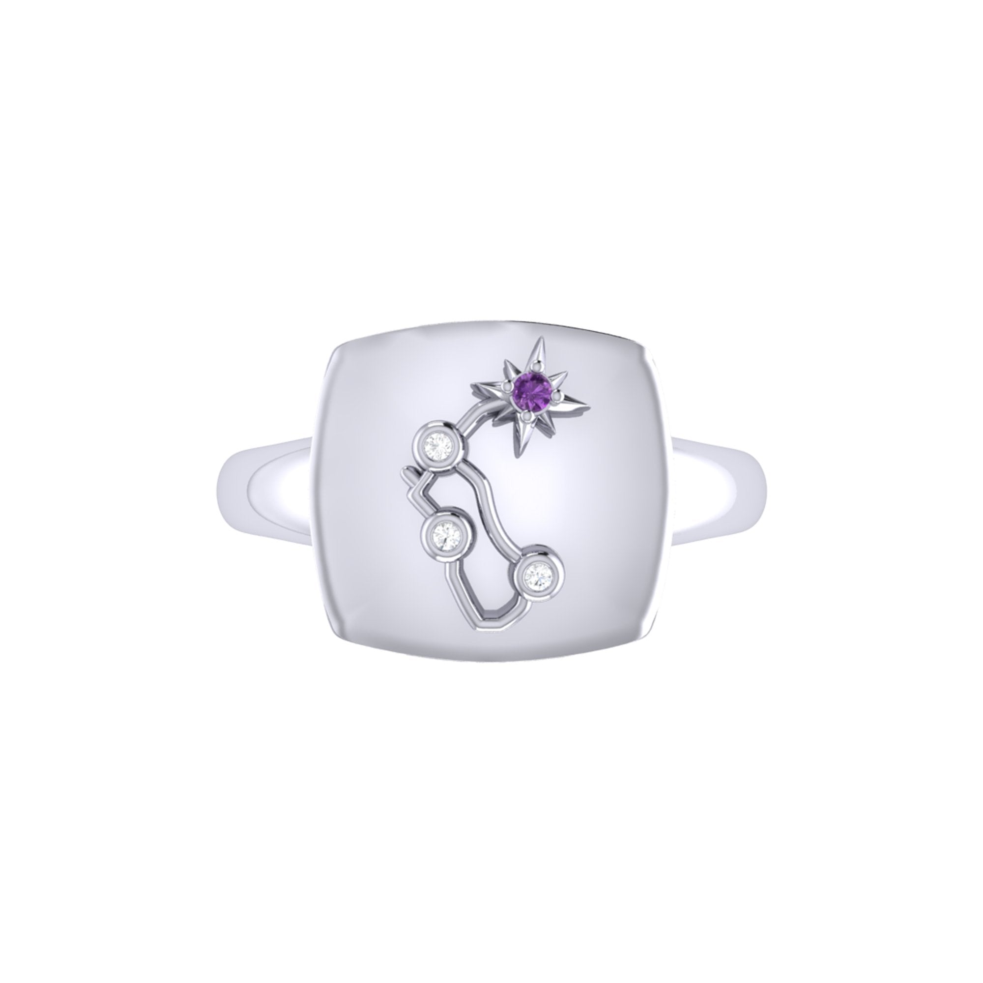 Aquarius Water-Bearer Amethyst & Diamond Constellation Signet Ring in sterling silver with unique design.