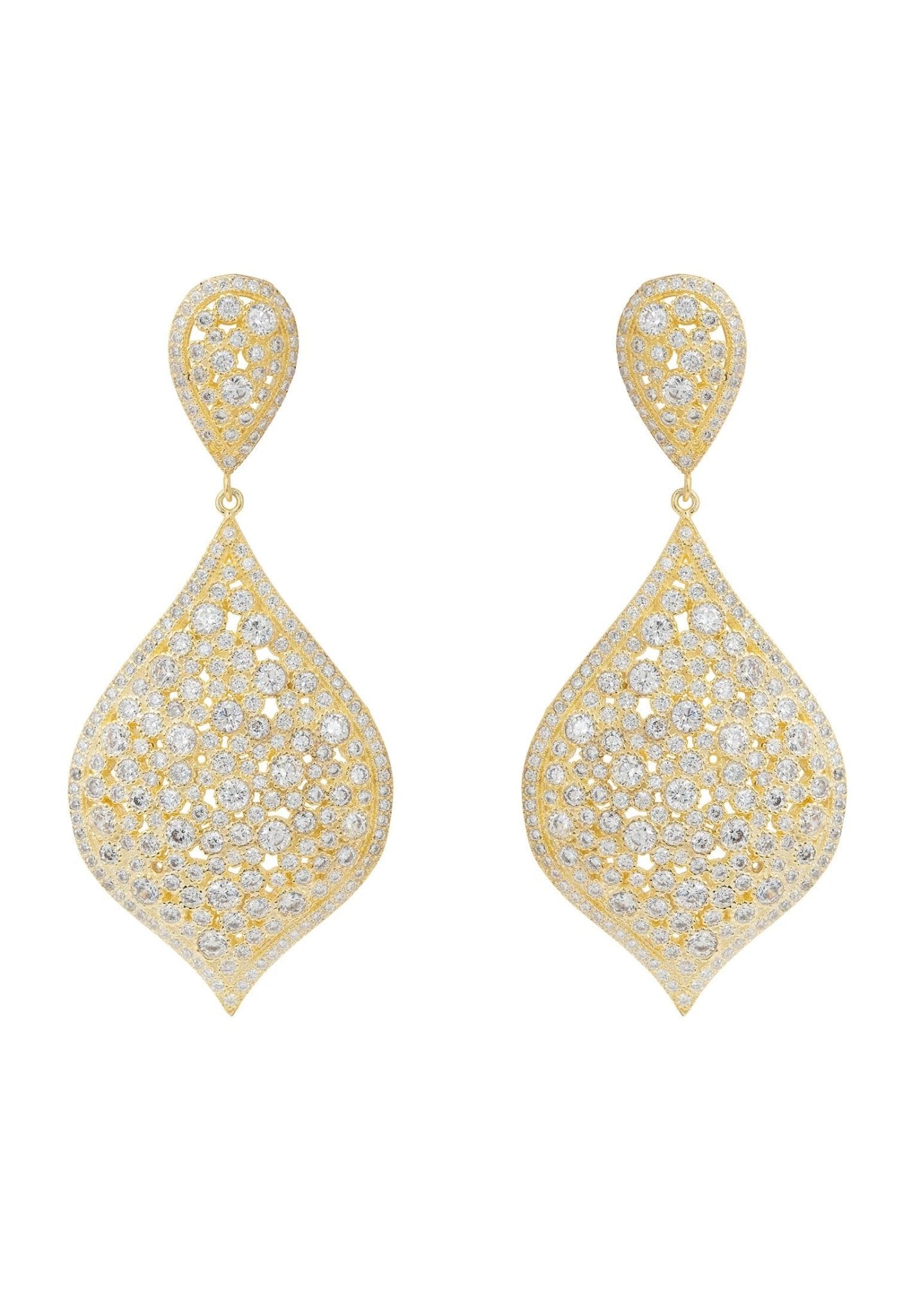 Arabian Nights Earrings Gold featuring intricate design and sparkling crystals, inspired by Taj Mahal rooftops.
