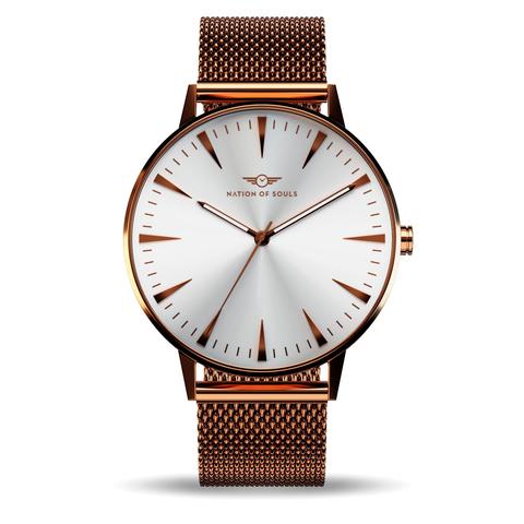 Argo Rose Gold Gloss watch with sunray dial and diamond cut hands, showcasing its elegant design and premium materials.