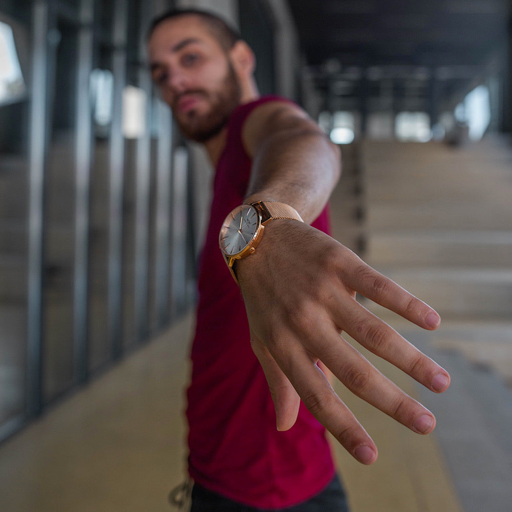 Argo Rose Gold Gloss watch with sunray dial and diamond cut hands, showcasing its elegant design and premium materials.