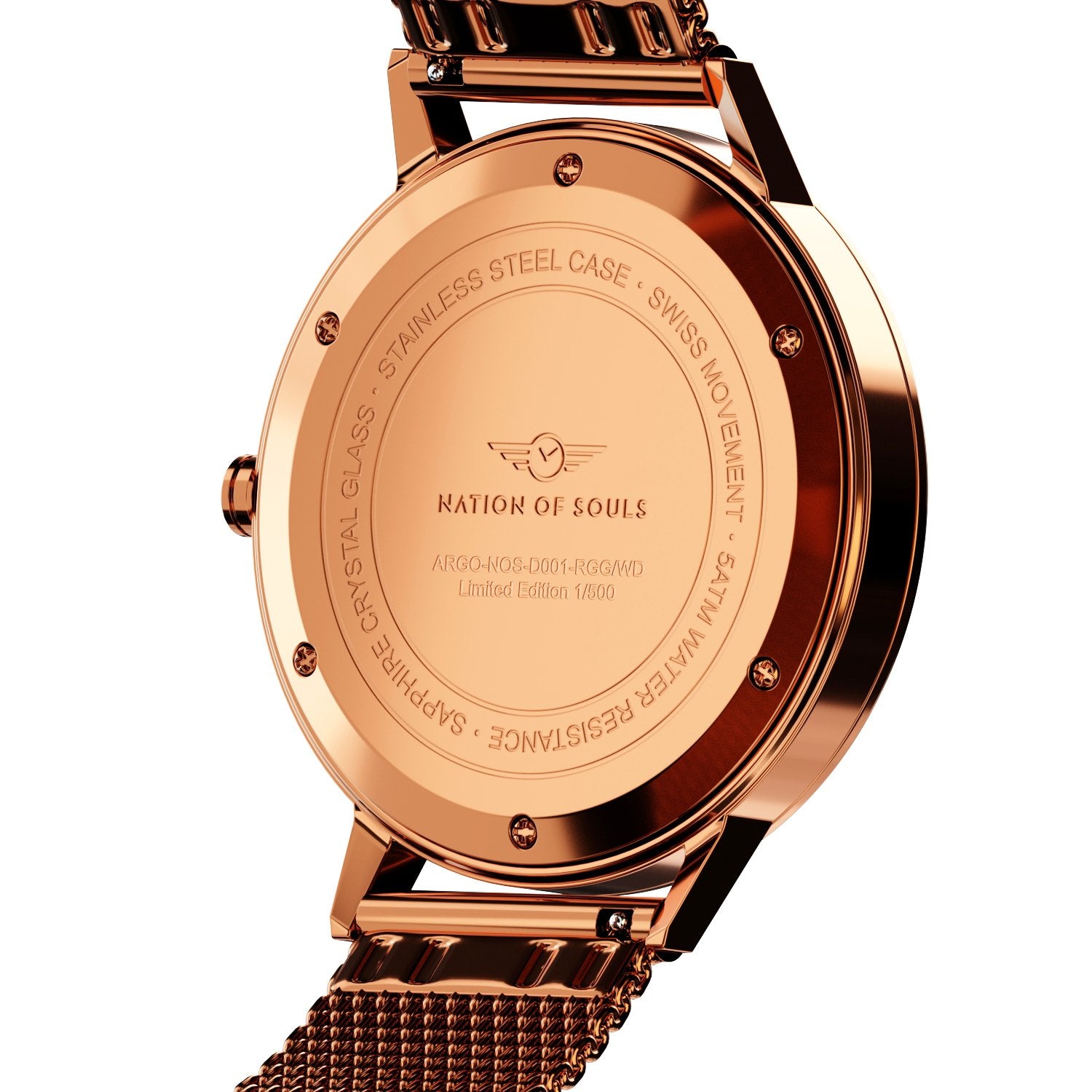 Argo Rose Gold Gloss watch with sunray dial and diamond cut hands, showcasing its elegant design and premium materials.