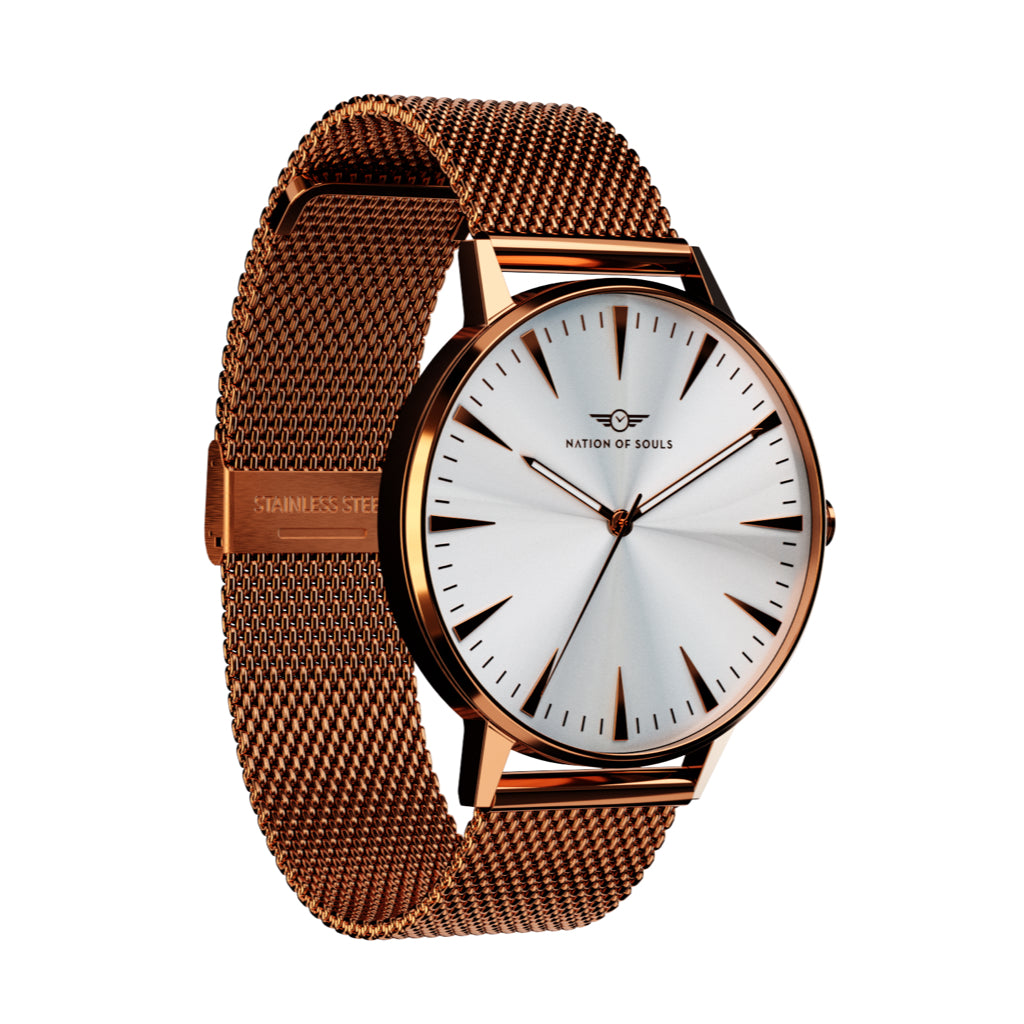 Argo Rose Gold Gloss watch with sunray dial and diamond cut hands, showcasing its elegant design and premium materials.