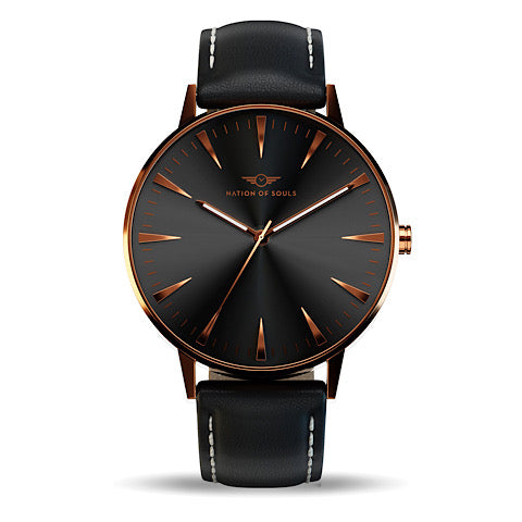 Argo watch featuring a rose gold gloss finish and a jet black sunray dial with diamond cut 3D hands.