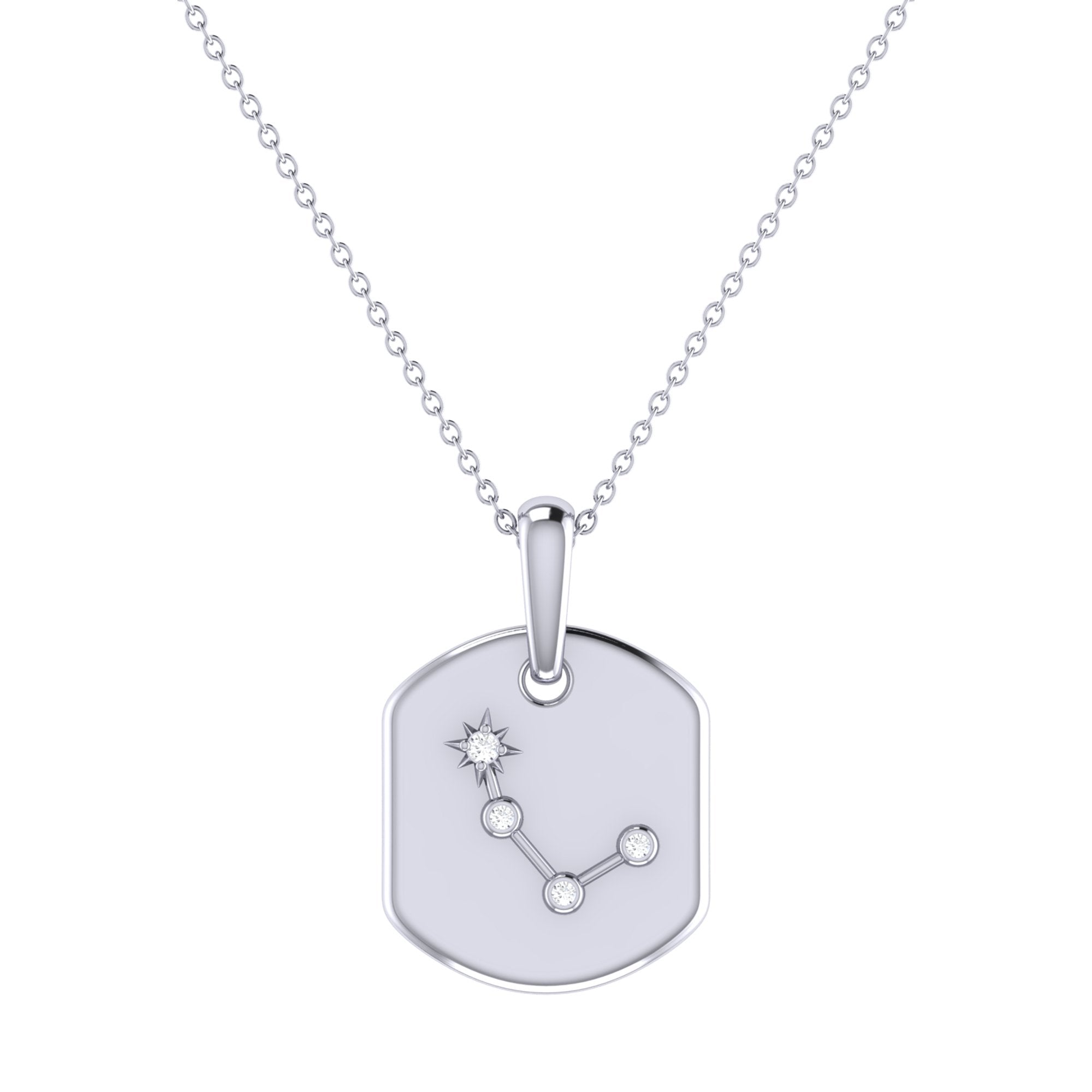 Aries Ram Diamond Constellation Tag Pendant Necklace in Sterling Silver with diamonds, featuring an adjustable chain and a cosmic poem.