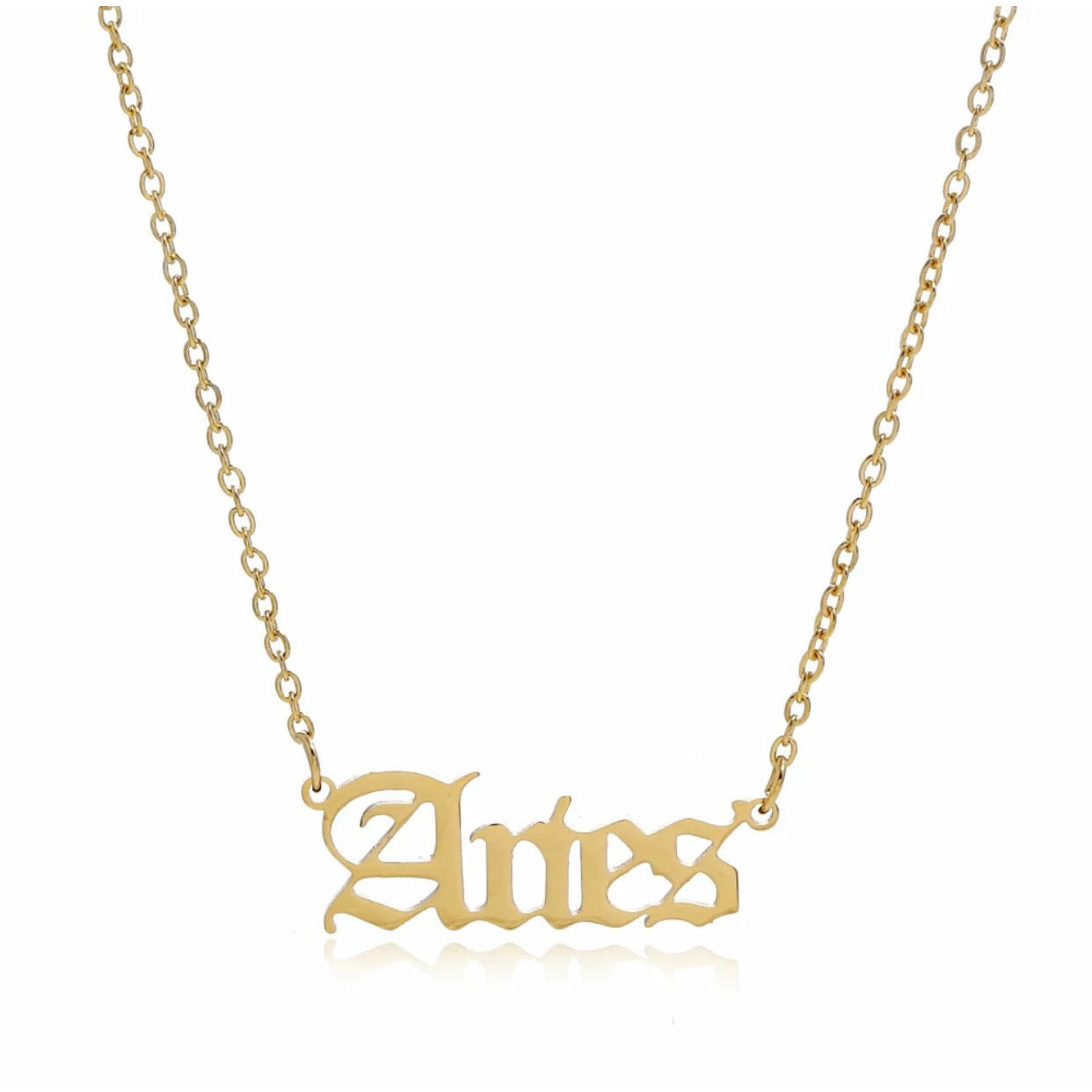 A stylish Aries Zodiac Necklace made of stainless steel, available in gold and silver, showcasing the Aries astrological symbol.