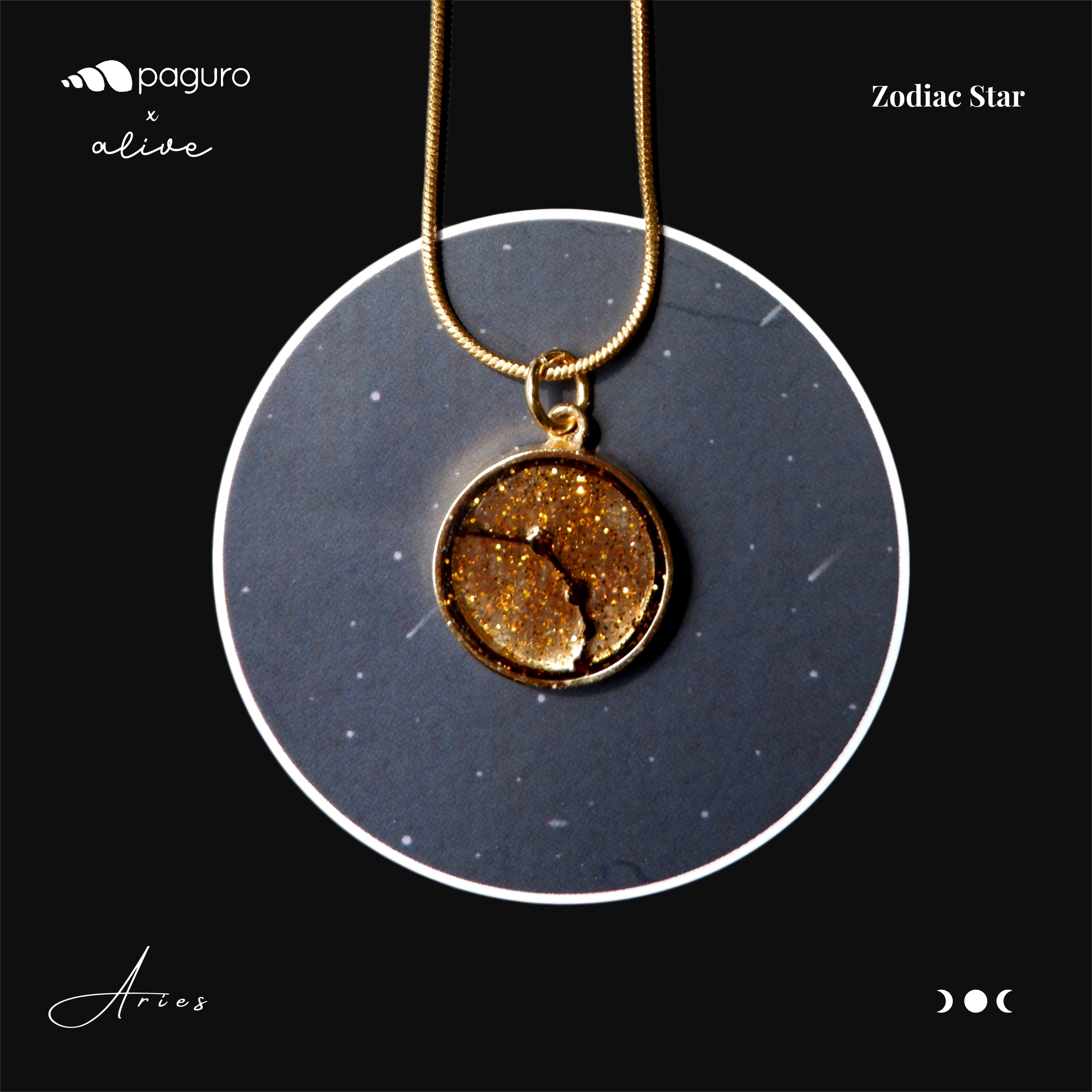 Aries Zodiac Sign Sustainable Necklace featuring a gold plated brass pendant made from recycled wood and plant resin, showcasing intricate zodiac design.