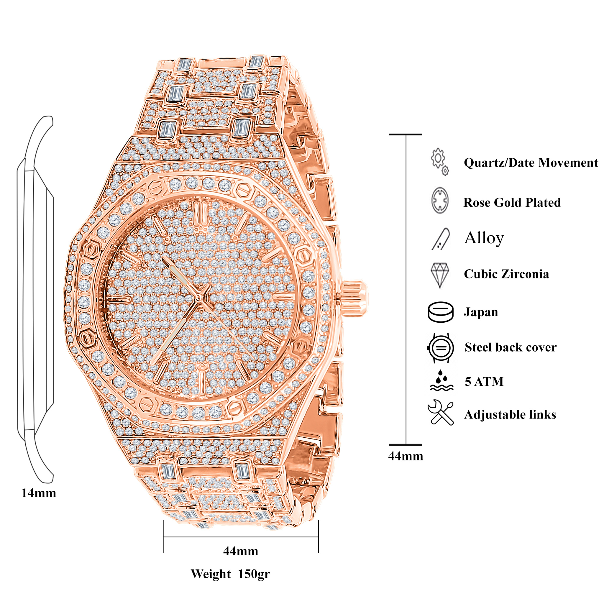 ARISTOCRATIC HIP HOP METAL watch featuring cubic zirconia stones on a stainless steel bracelet, showcasing elegance and luxury.