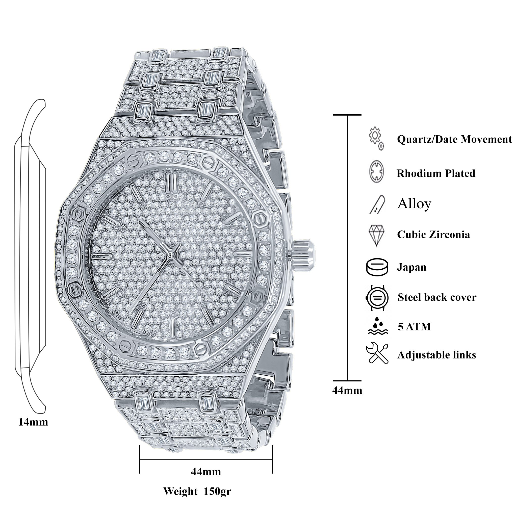 ARISTOCRATIC HIP HOP METAL watch featuring cubic zirconia stones on a stainless steel bracelet and bezel, showcasing luxury and elegance.