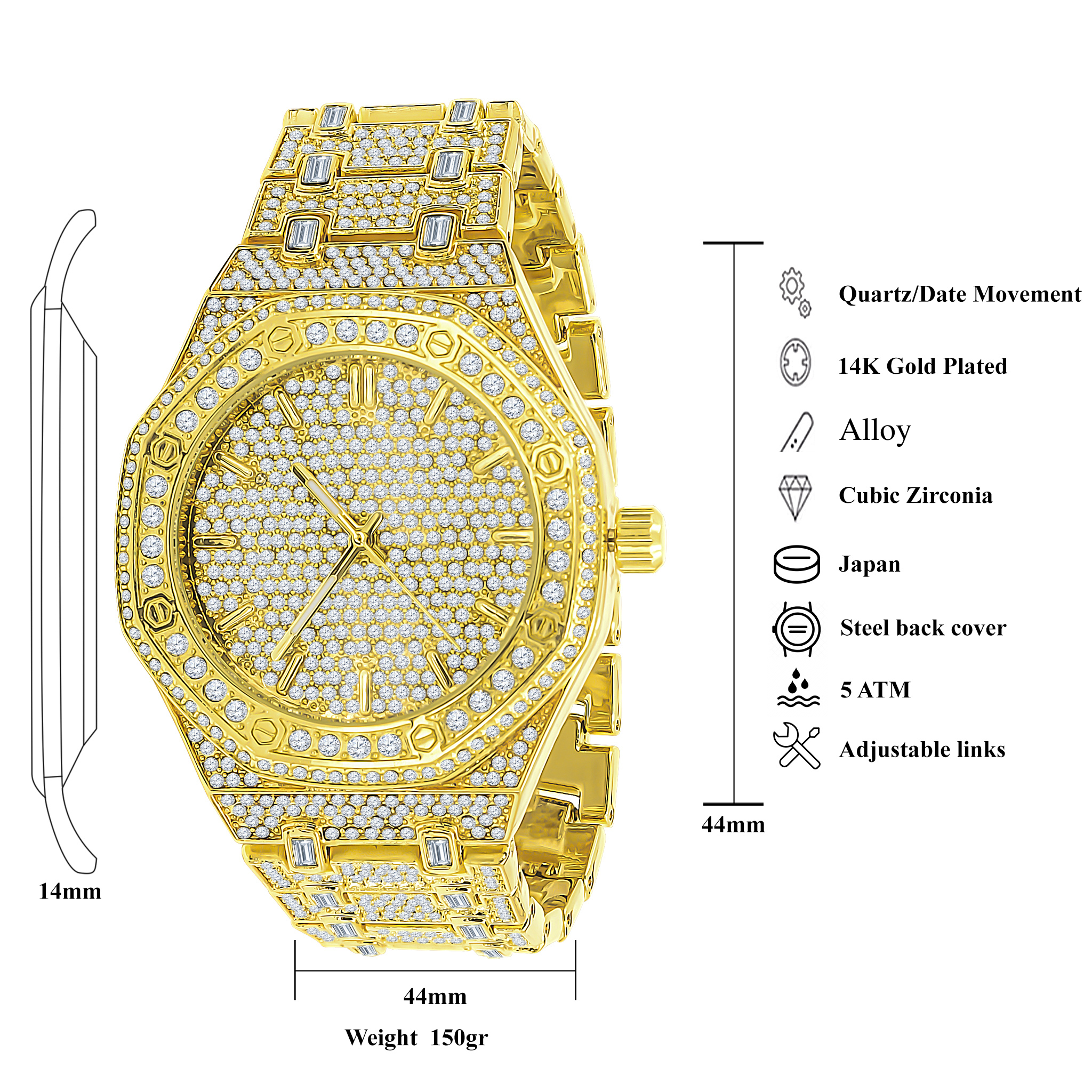 ARISTOCRATIC HIP HOP METAL watch featuring cubic zirconia stones and stainless steel bracelet, showcasing luxury and elegance.