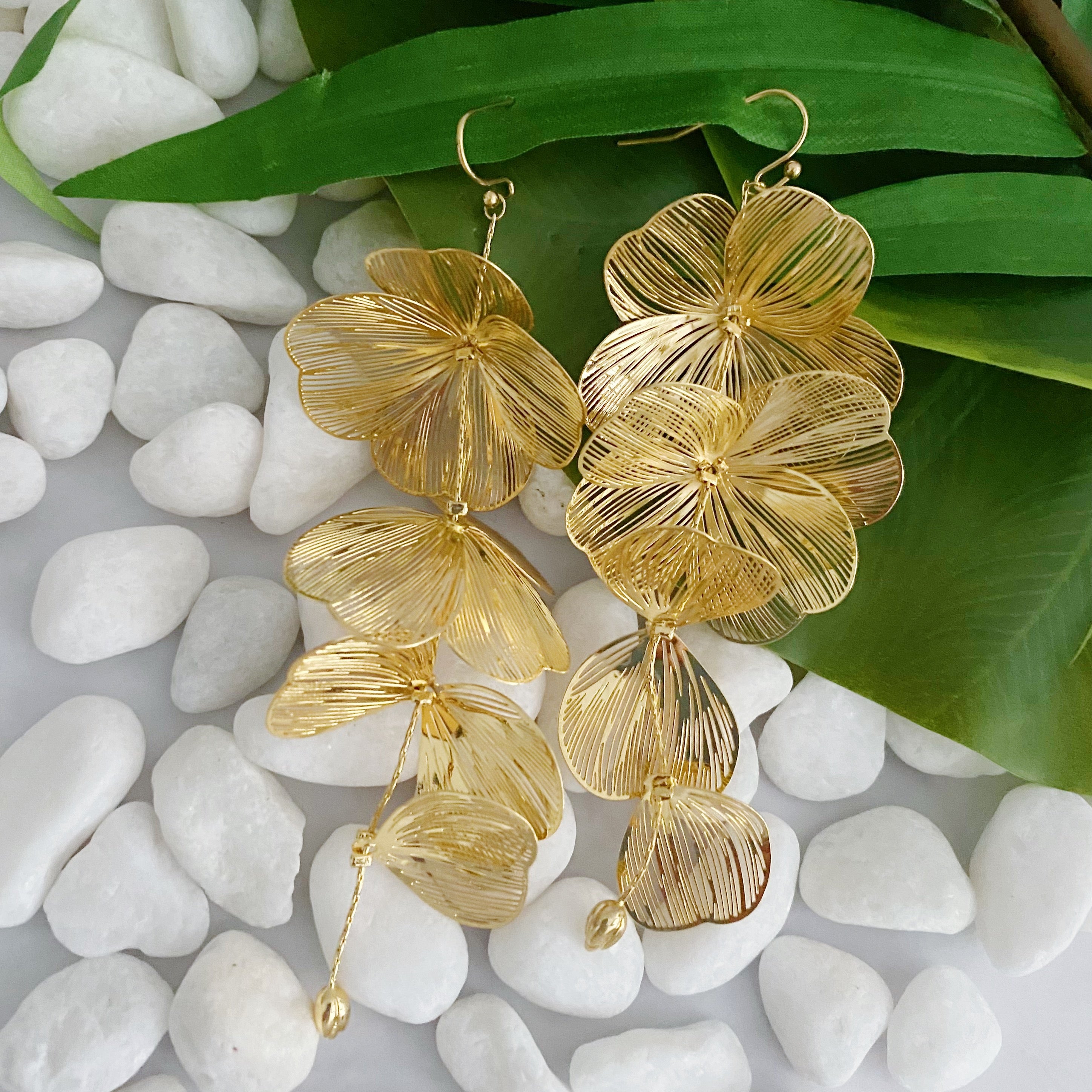 Artful Filigree Flower Drop Earrings in 18k gold plated brass, showcasing intricate floral design and lightweight construction.