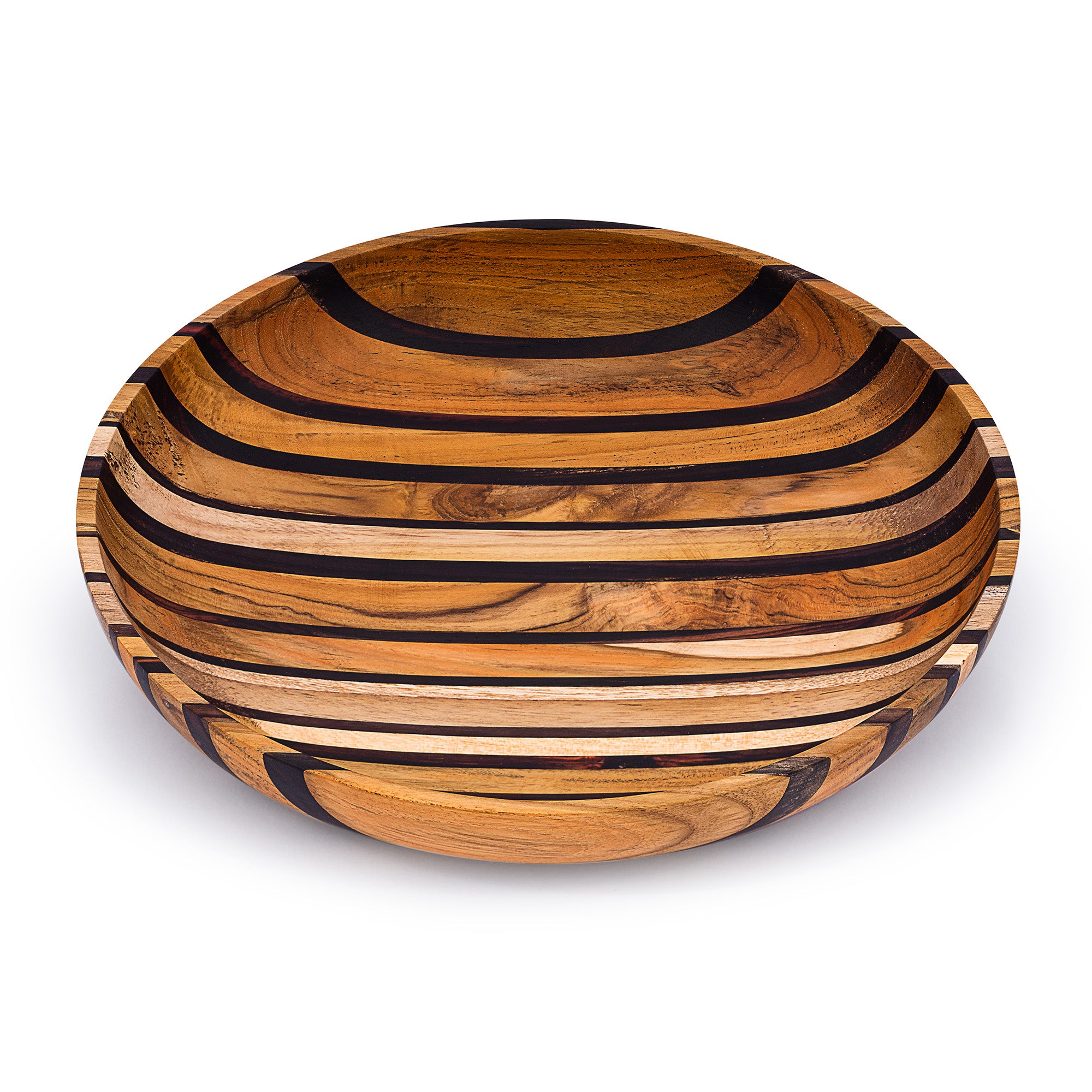 Artisan Upcycled End Grain Fruit Bowls in two sizes and patterns, showcasing rich wood grains and unique shapes, perfect for serving or decoration.