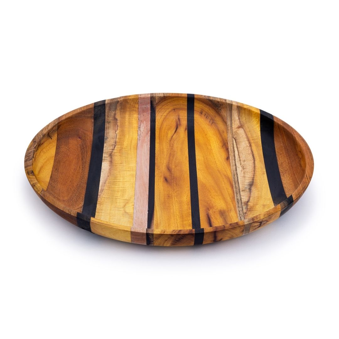 Artisan Upcycled End Grain Fruit Bowls in two sizes and patterns, showcasing rich wood grains and unique shapes, perfect for serving or decoration.