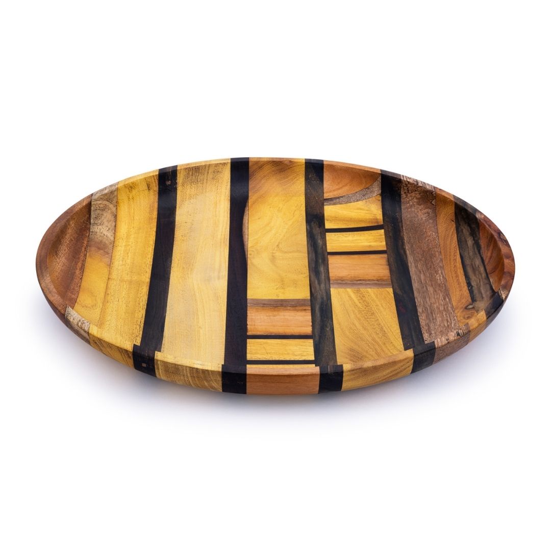 Artisan Upcycled End Grain Fruit Bowls in two sizes and patterns, showcasing rich wood grains and unique shapes, perfect for serving or decoration.