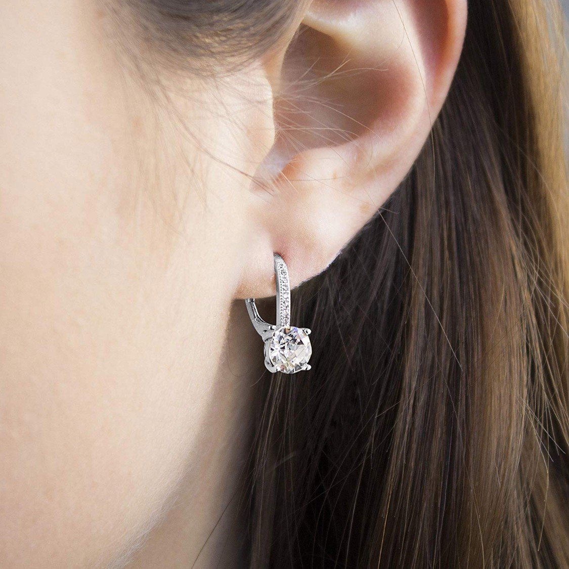 Elegant Asscher Cut Elements Pavé Leverback Earrings in 14K White Gold, showcasing their unique design and sparkling stones.