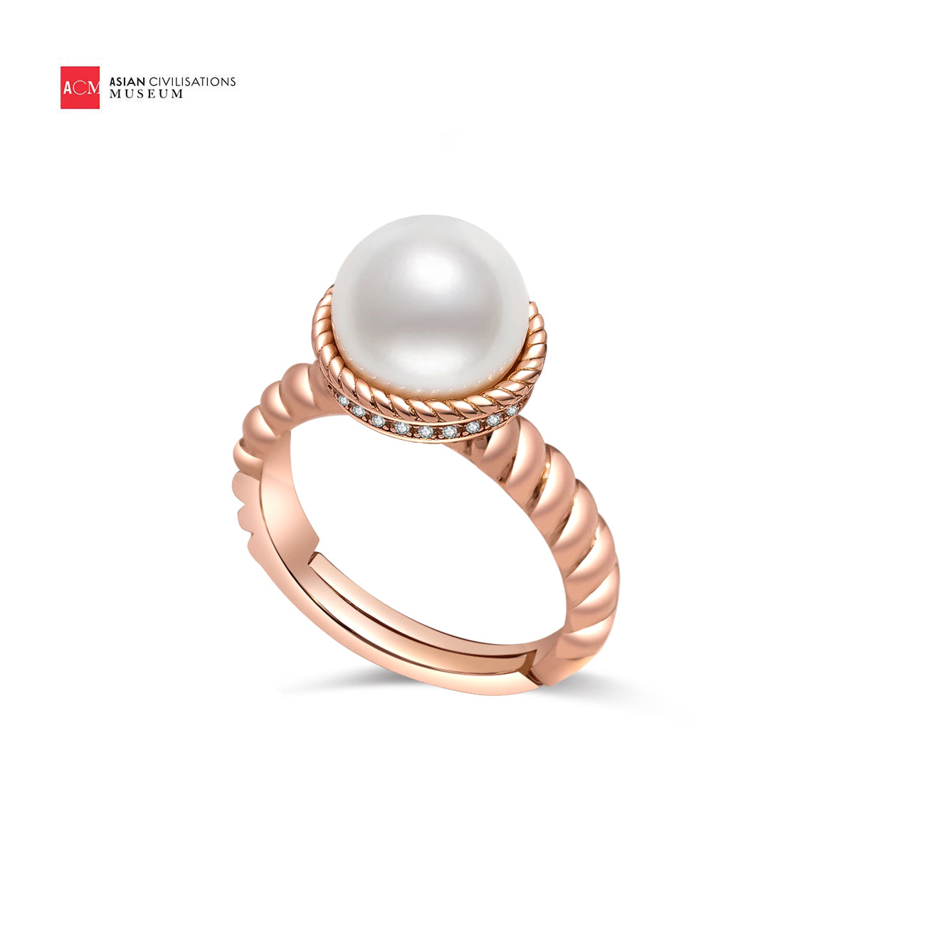 Asian Civilisations Museum Freshwater Pearl Ring WR00097 featuring a lustrous pearl on a spiral sterling silver design.