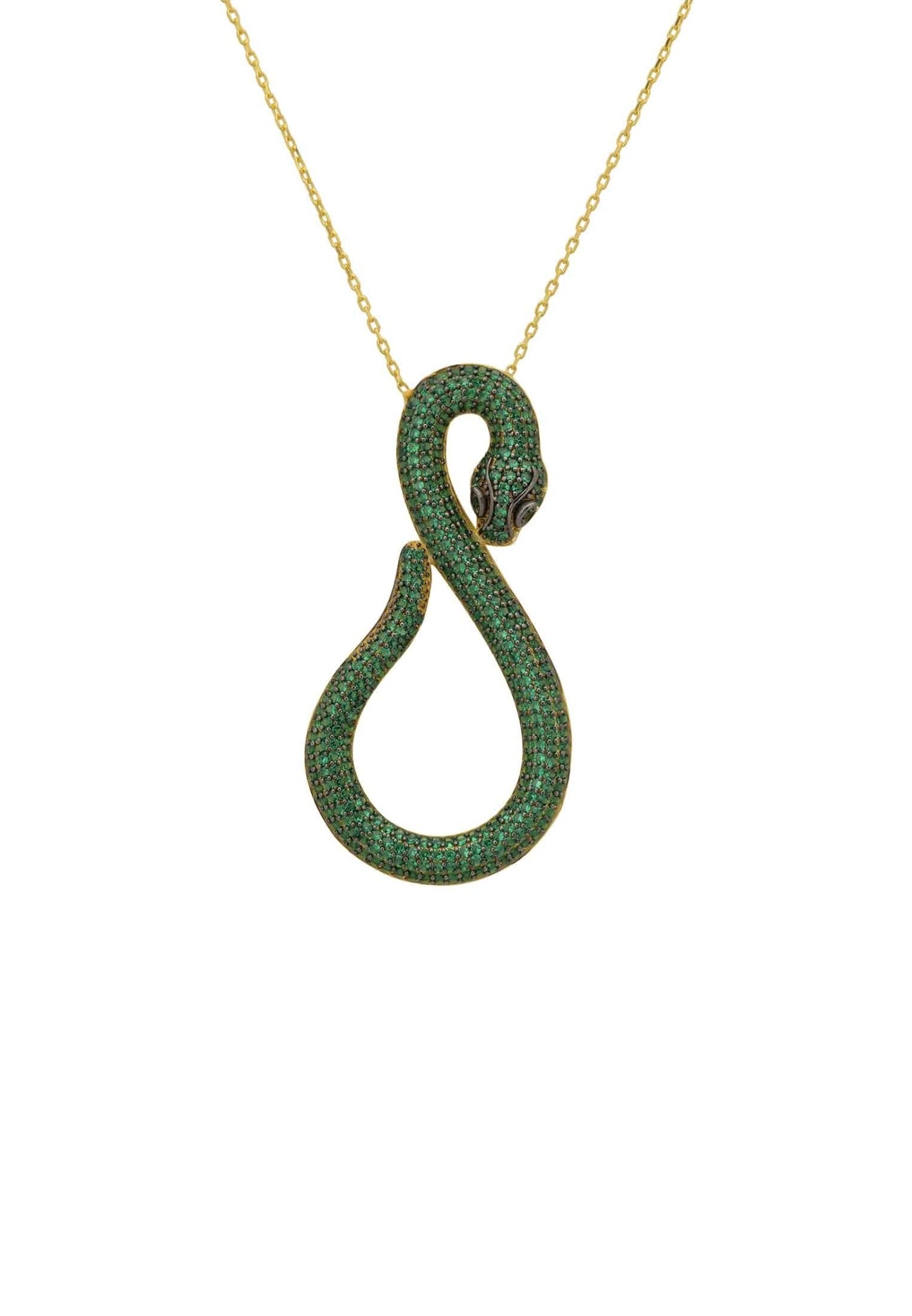 Asp Snake Pendant Necklace in gold with emerald zircons, featuring a snake motif and adjustable length.