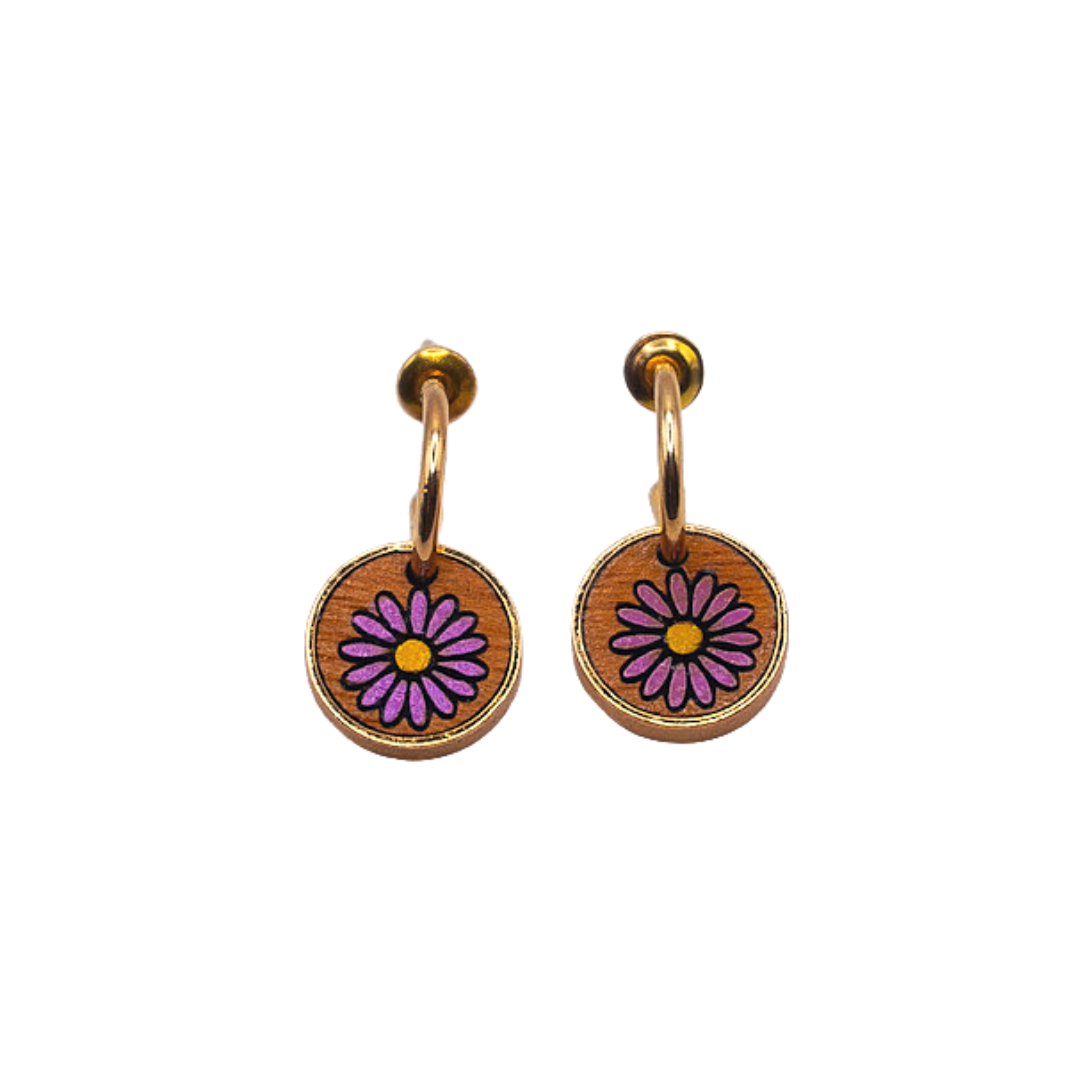 Aster Flower Recycled Wood Gold Earrings showcasing unique wood patterns and elegant gold plating, presented in a luxury gift box.