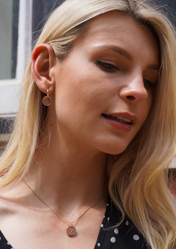 Aster Flower Recycled Wood Gold Earrings showcasing unique wood patterns and elegant gold plating, presented in a luxury gift box.