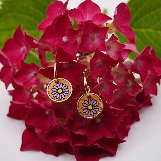 Aster Flower Recycled Wood Gold Earrings showcasing unique wood patterns and elegant gold plating, presented in a luxury gift box.