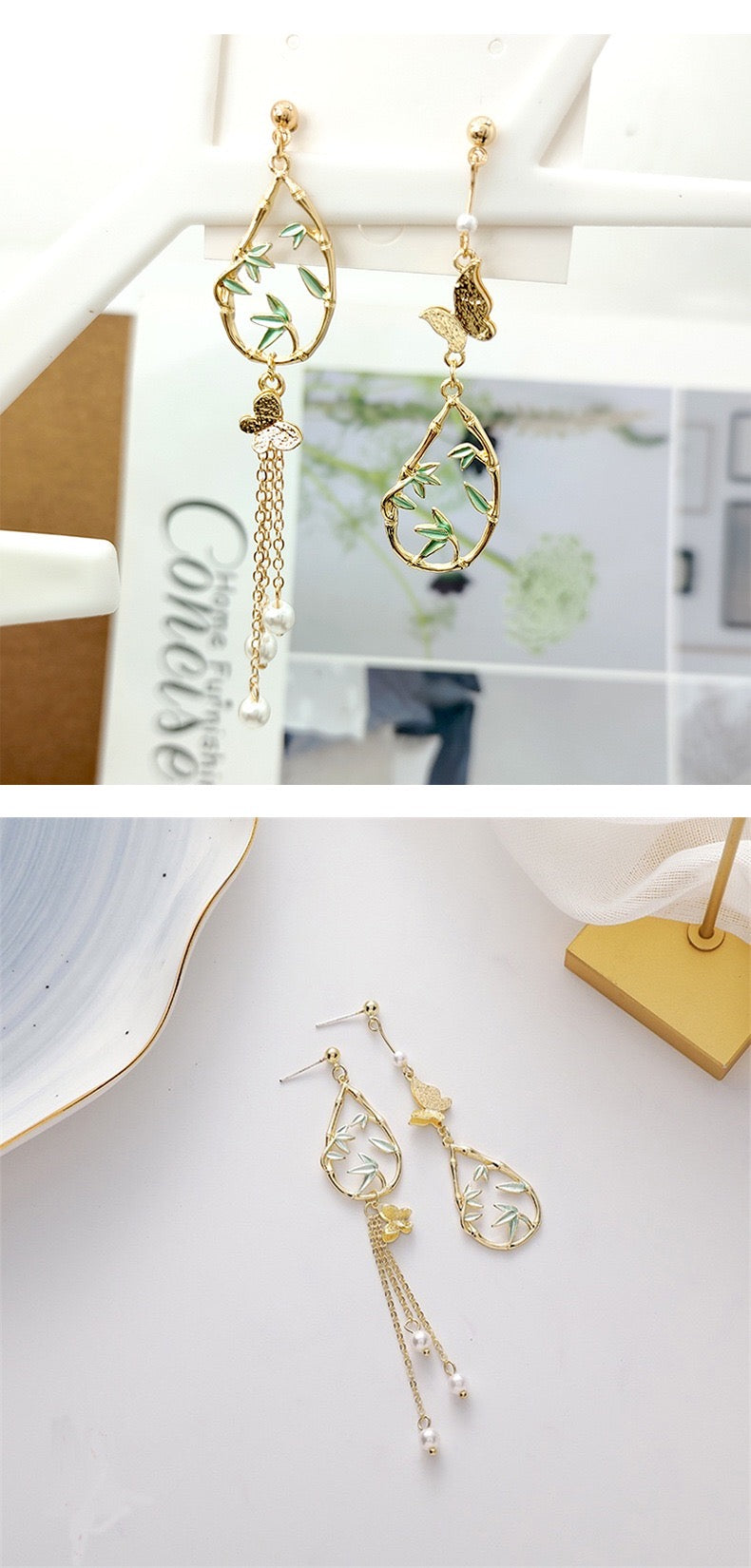 Asymmetric earrings featuring butterfly and bamboo designs adorned with artificial pearls, crafted from S925 alloy.