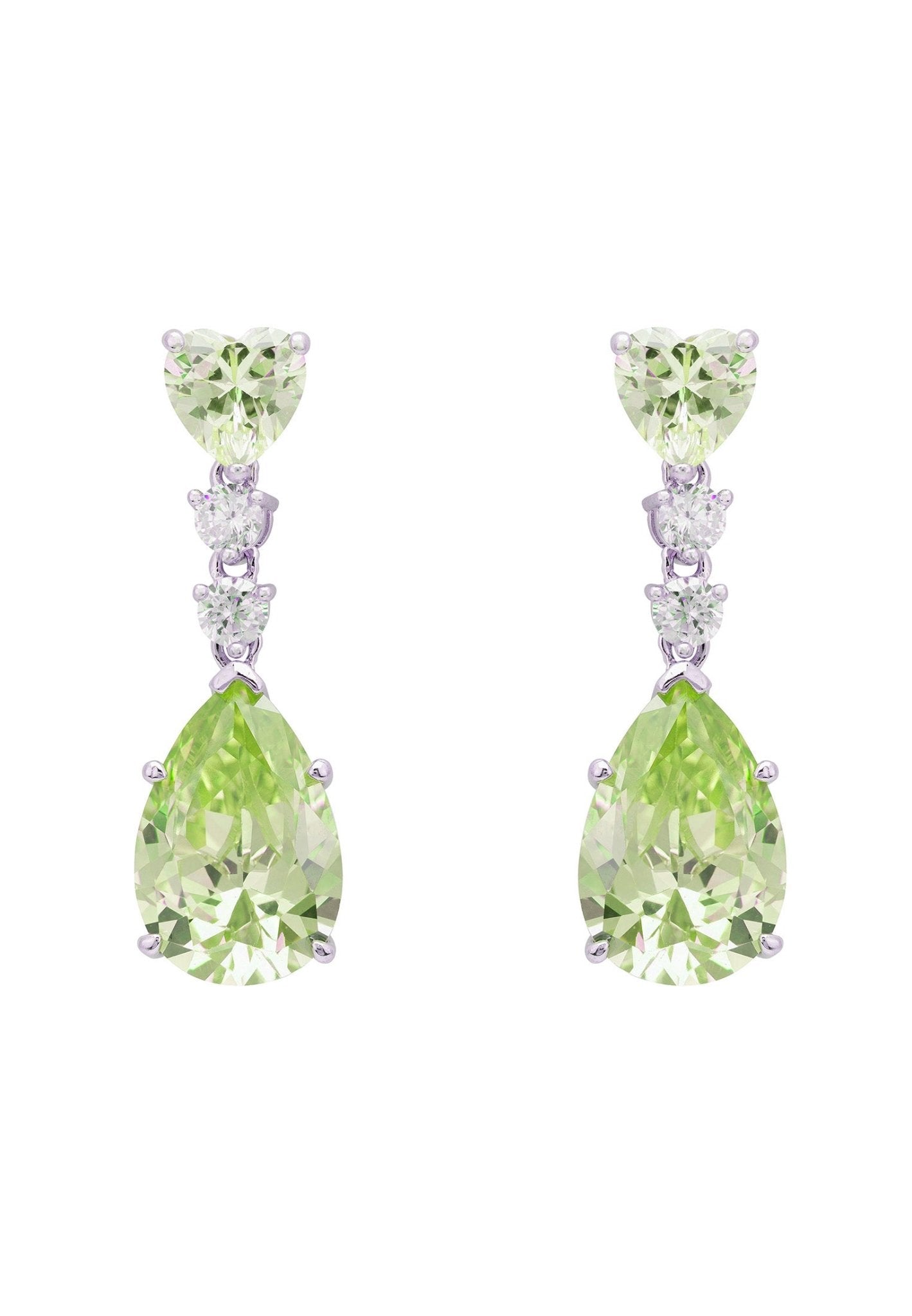 Augusta Peridot Teardrop Earrings in silver featuring lab-created petrol tourmaline and simulated diamonds, elegantly designed for luxury.