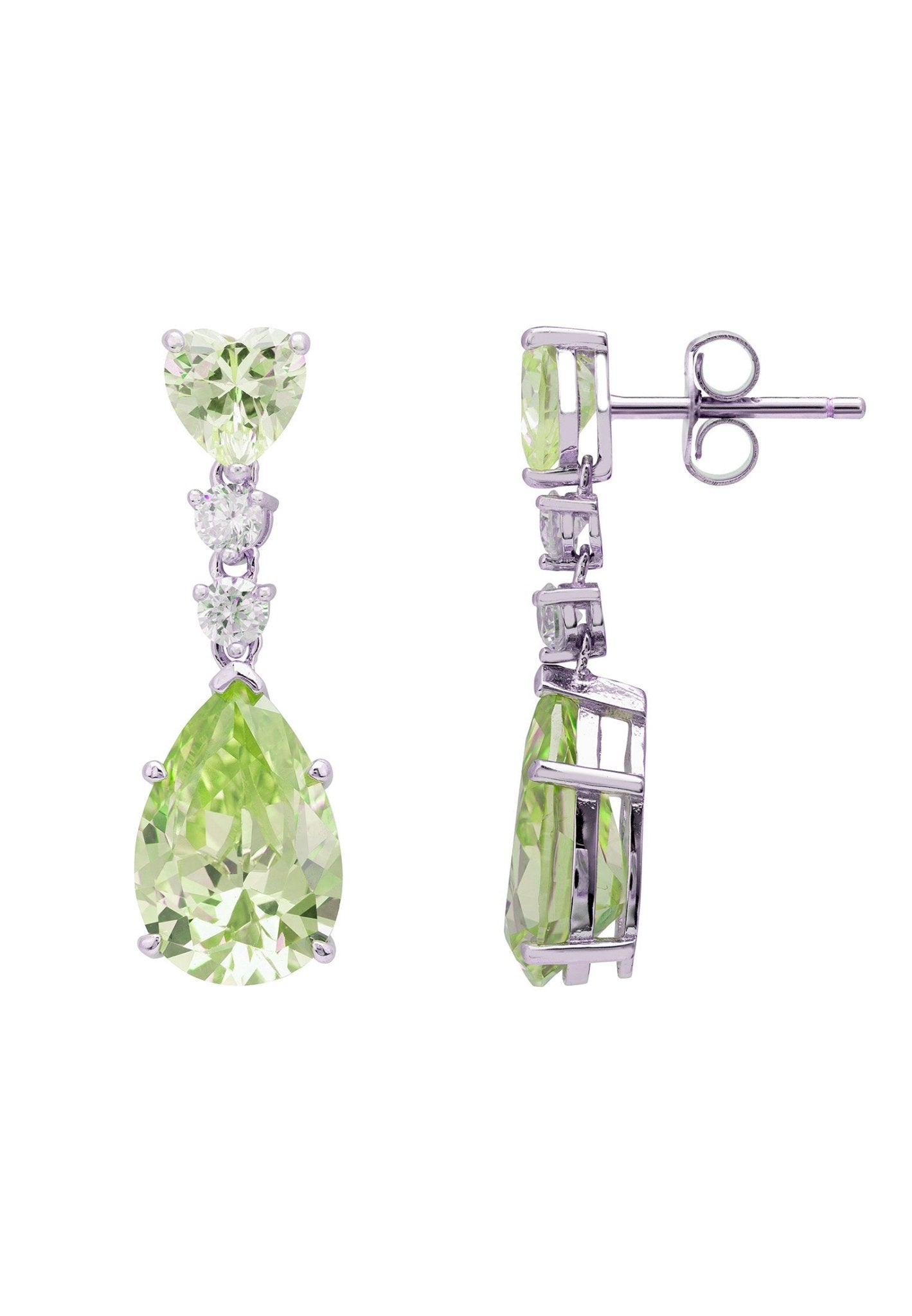 Augusta Peridot Teardrop Earrings in silver featuring lab-created petrol tourmaline and simulated diamonds, elegantly designed for luxury.